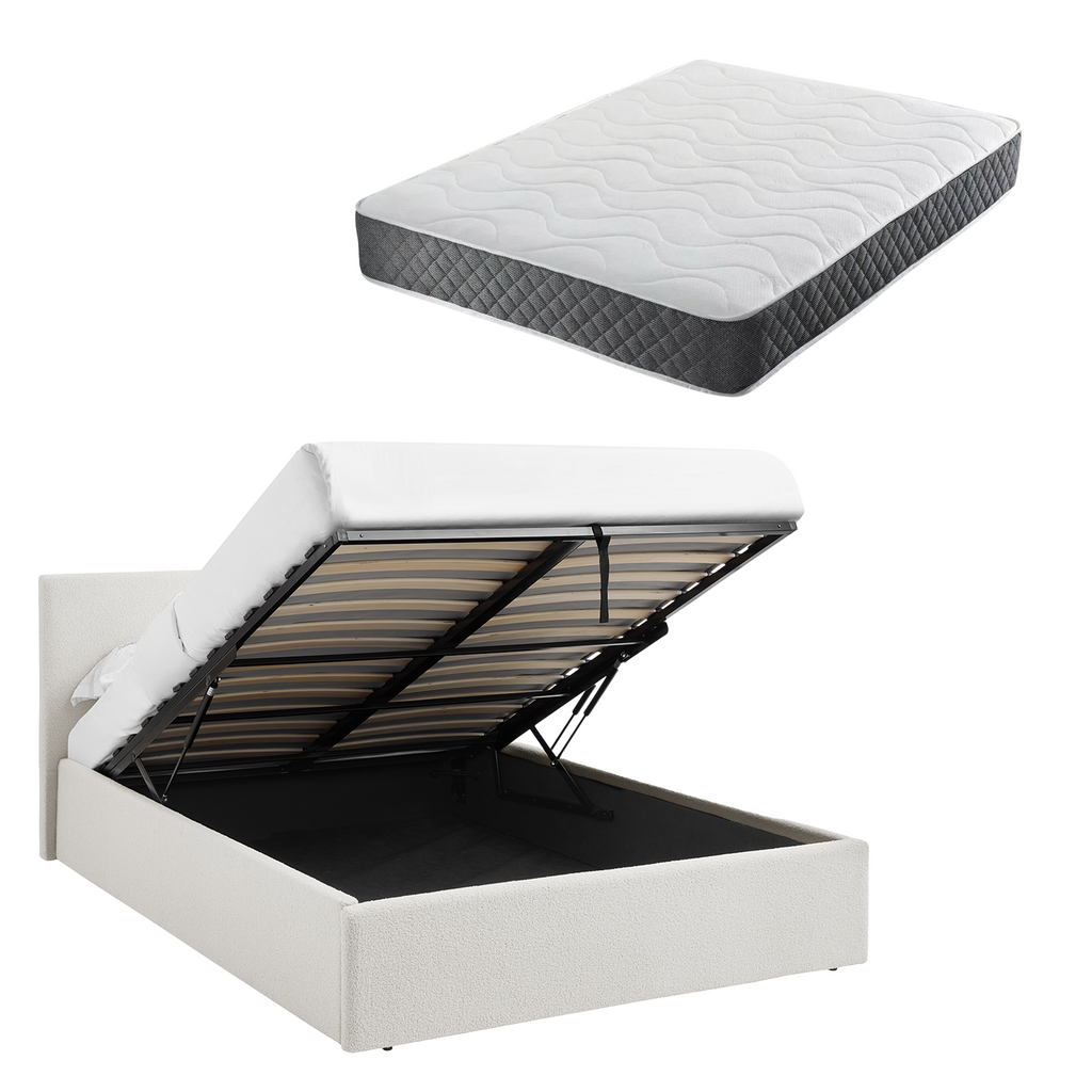 TEDDY BOUCLE 5FT King White Ottoman Storage Bed Gas Lift Up with Memory Foam & Spring Mattress