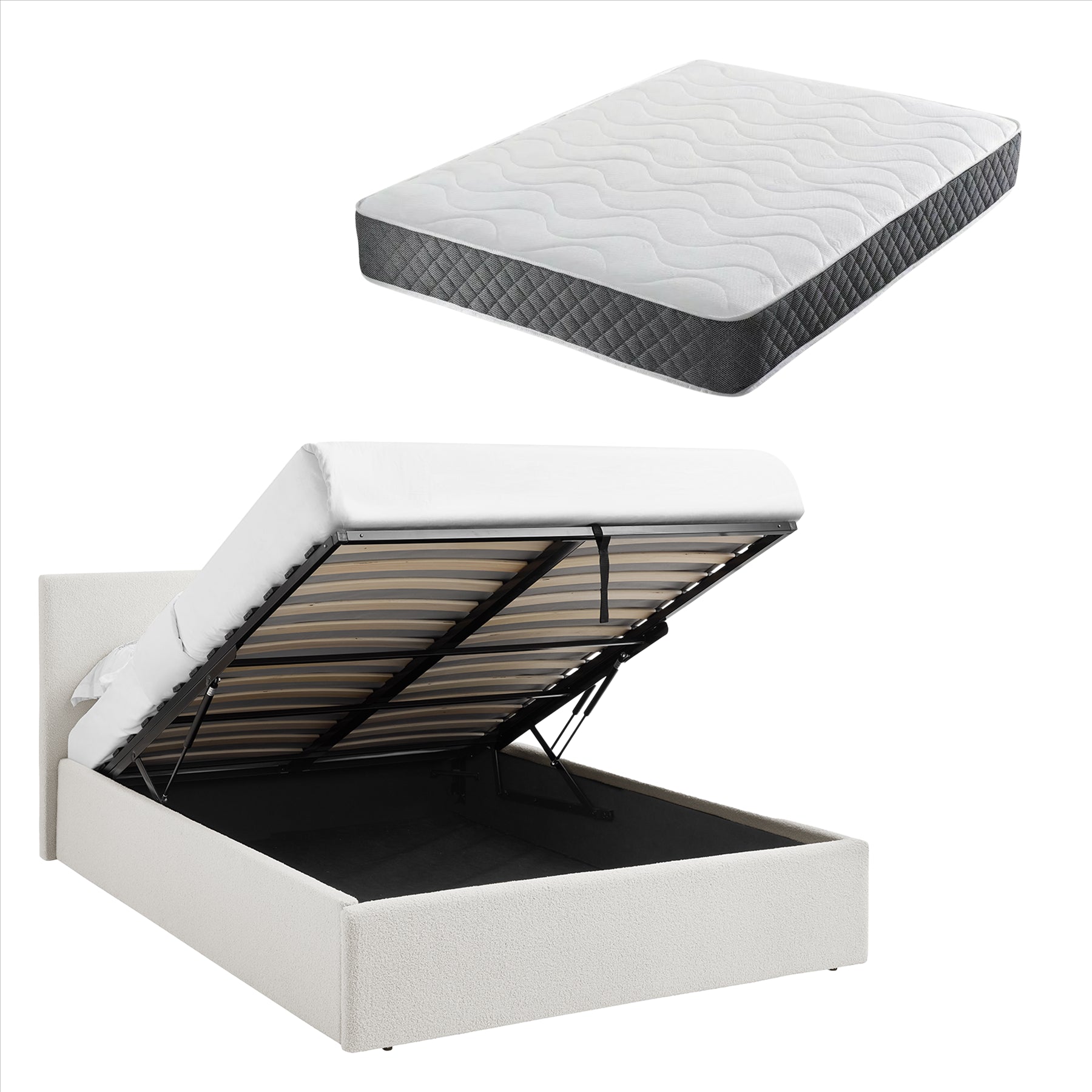 TEDDY BOUCLE 5FT King White Ottoman Storage Bed Gas Lift Up with Memory Foam & Spring Mattress