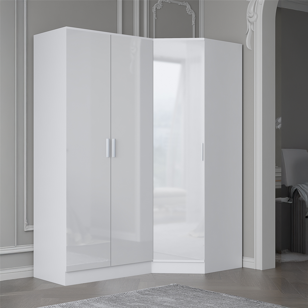 REFLECT - 1 Door Corner + 2 Door Plain Wardrobe in Gloss White / Matt White