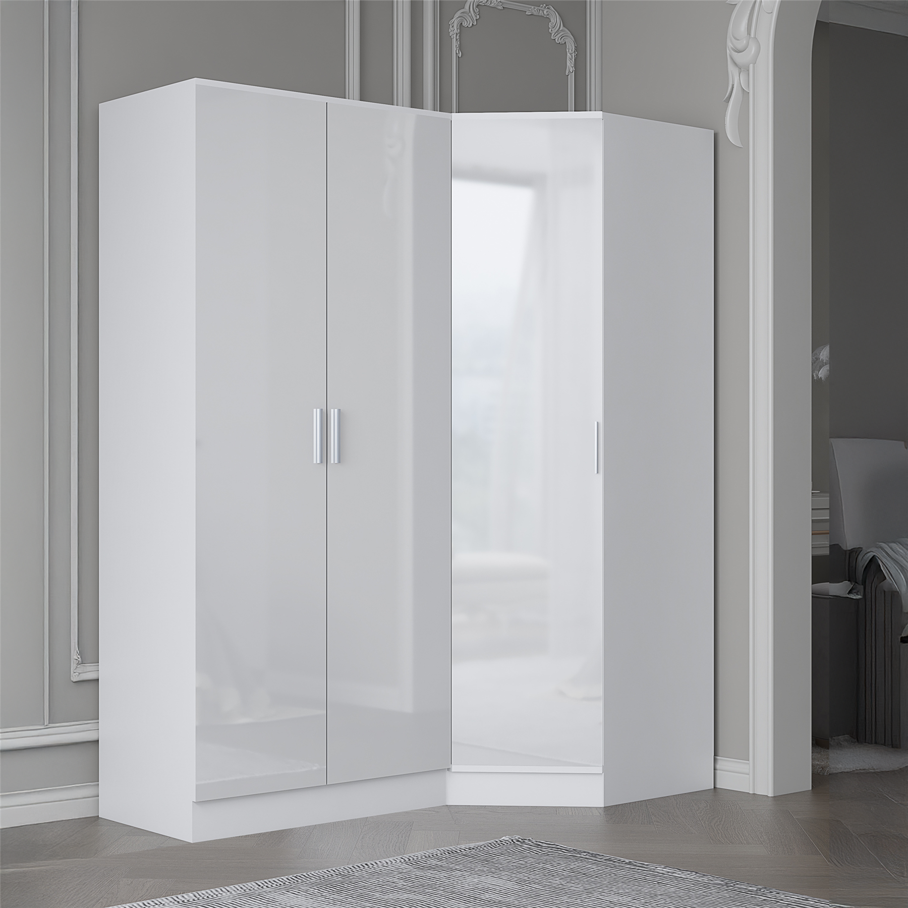 REFLECT - 1 Door Corner + 2 Door Plain Wardrobe in Gloss White / Matt White