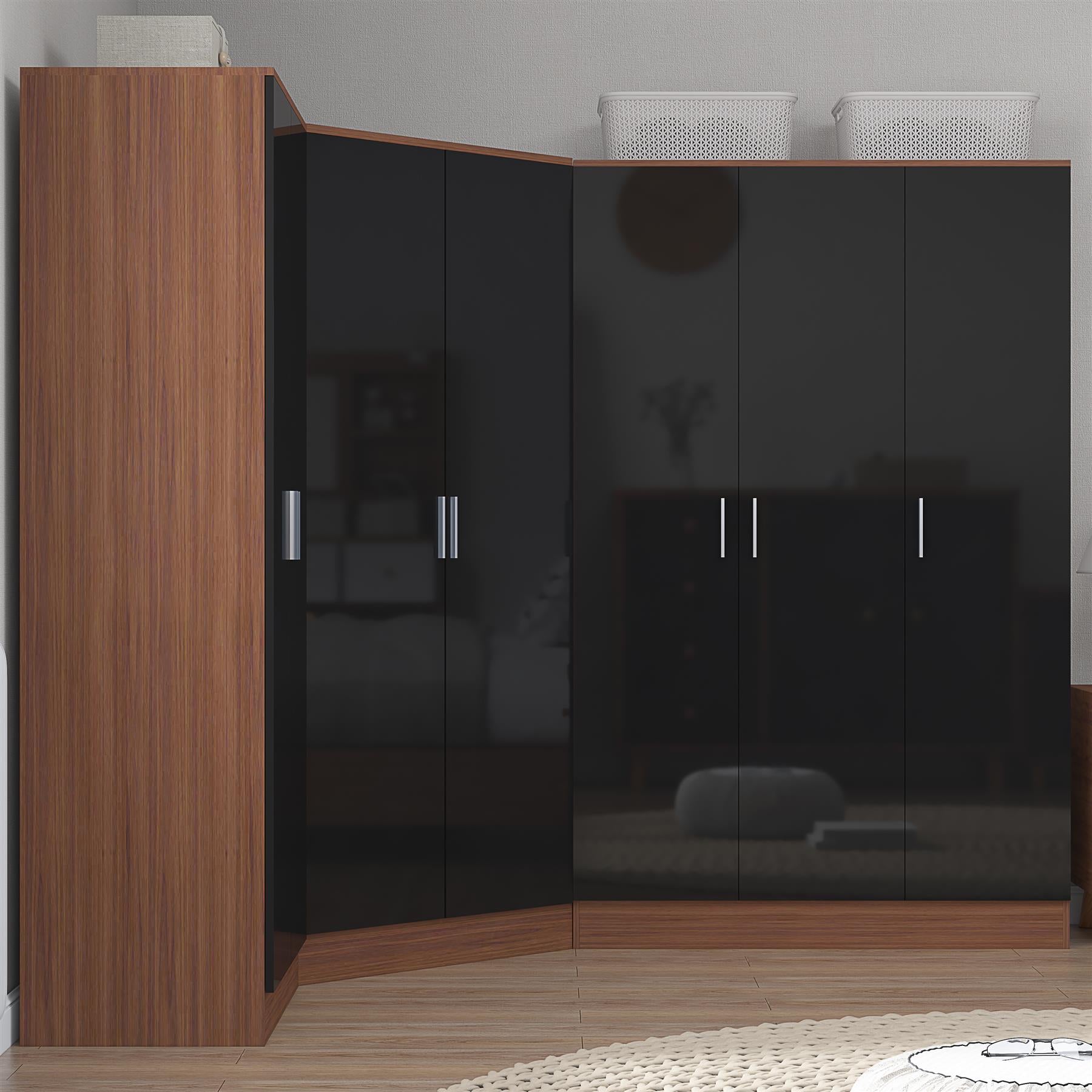 Reflect 4pc Wardrobe Bundle - 2 Door Corner + 3 Door Plain + 2 Door Plain - Black Gloss & Walnut