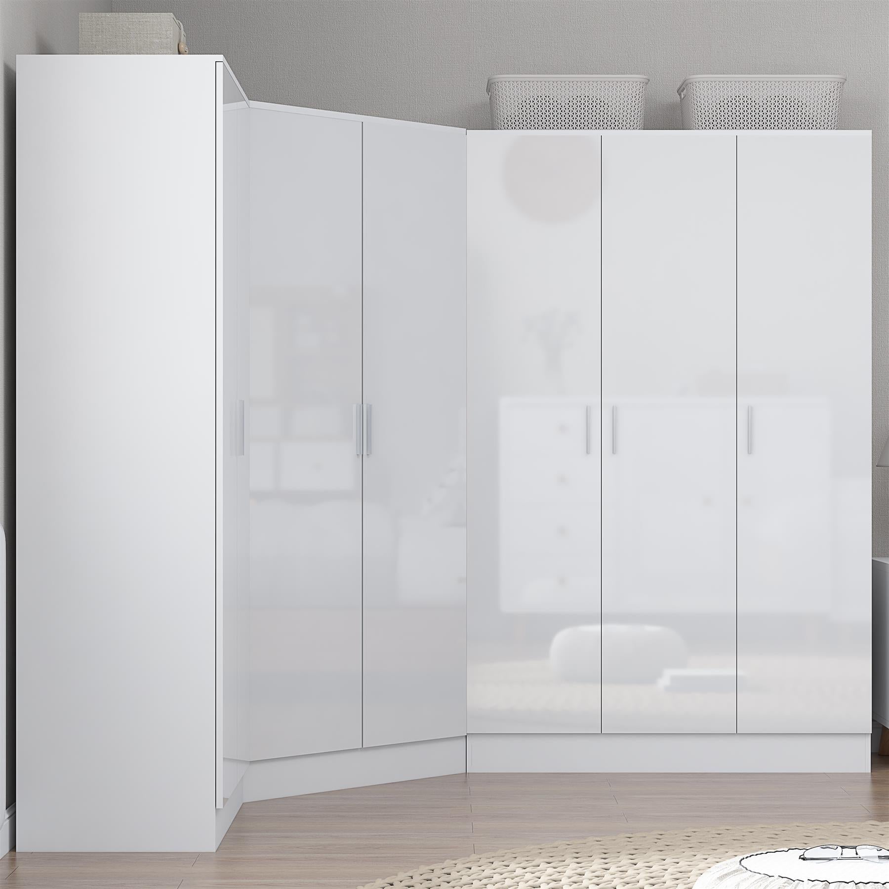 Reflect 4pc Wardrobe Bundle - 2 Door Corner + 3 Door Plain + 2 Door Plain - White Gloss & Matt White