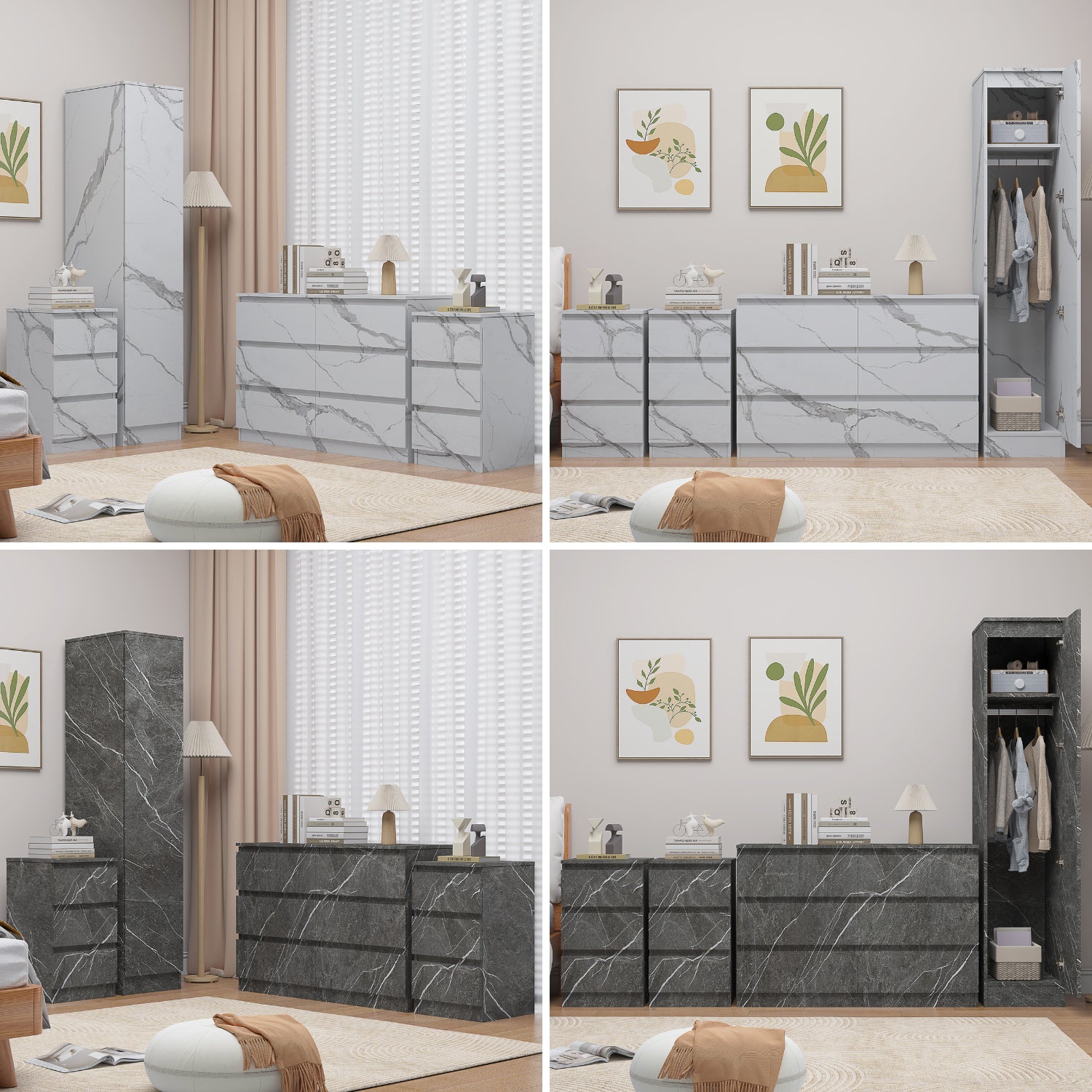 ZITA 4pc Set - 1 Door Wardrobe + Wide Chest + 2 Bedsides in White OR Grey Marble