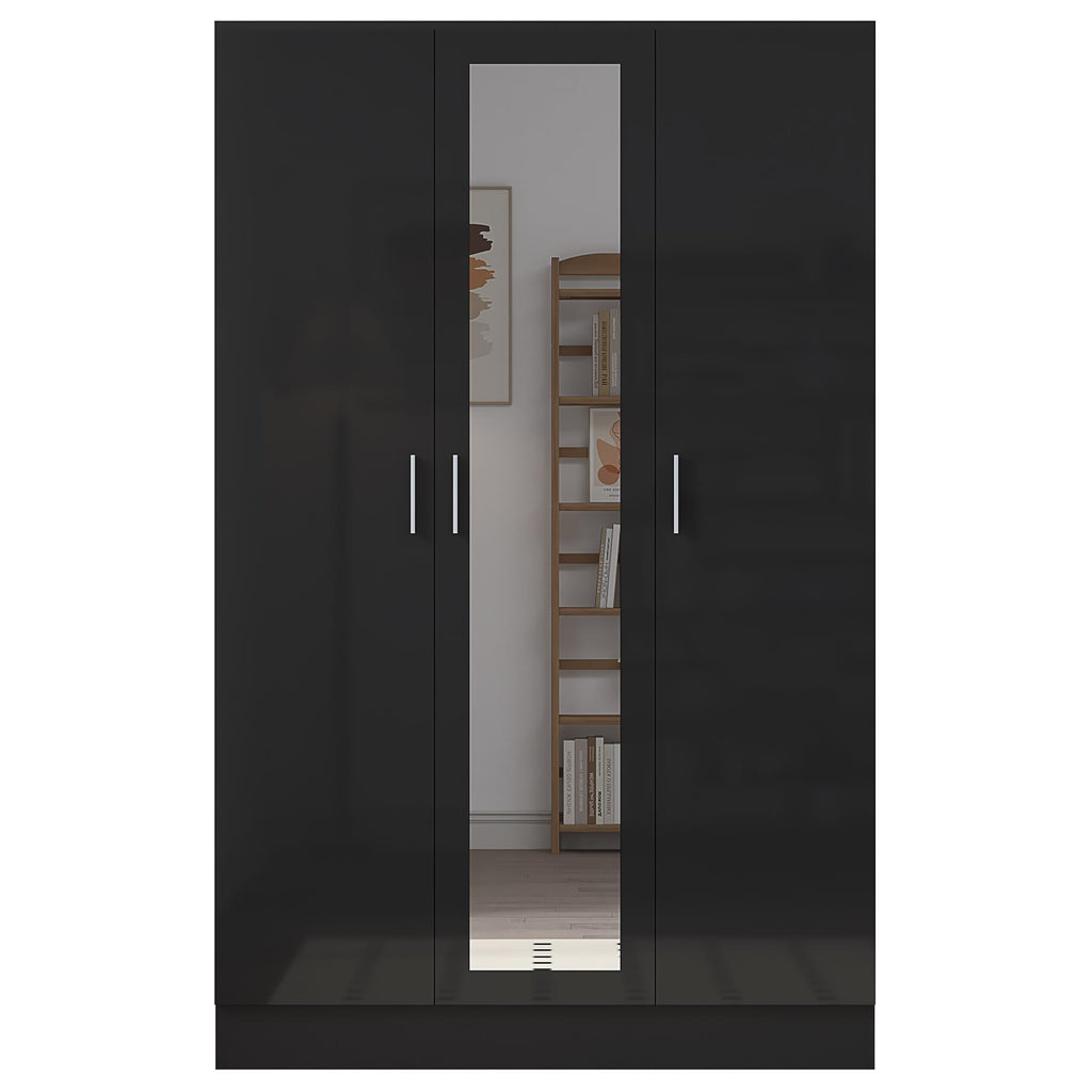 Reflect 3 Door Mirror Wardrobe - Black Gloss & Black Oak - Hanging Rail & 4 Shelves- H: 180cm x W: 113cm x D: 47cm - Modern Design