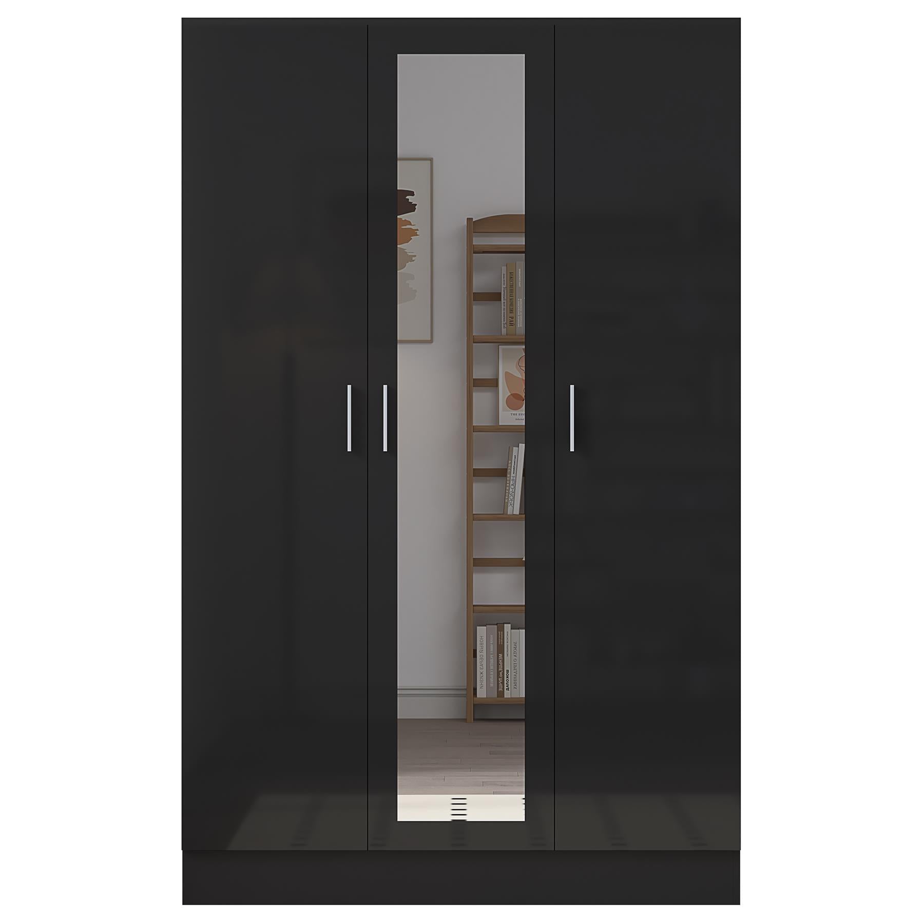 Reflect 3 Door Mirror Wardrobe - Black Gloss & Black Oak - Hanging Rail & 4 Shelves- H: 180cm x W: 113cm x D: 47cm - Modern Design