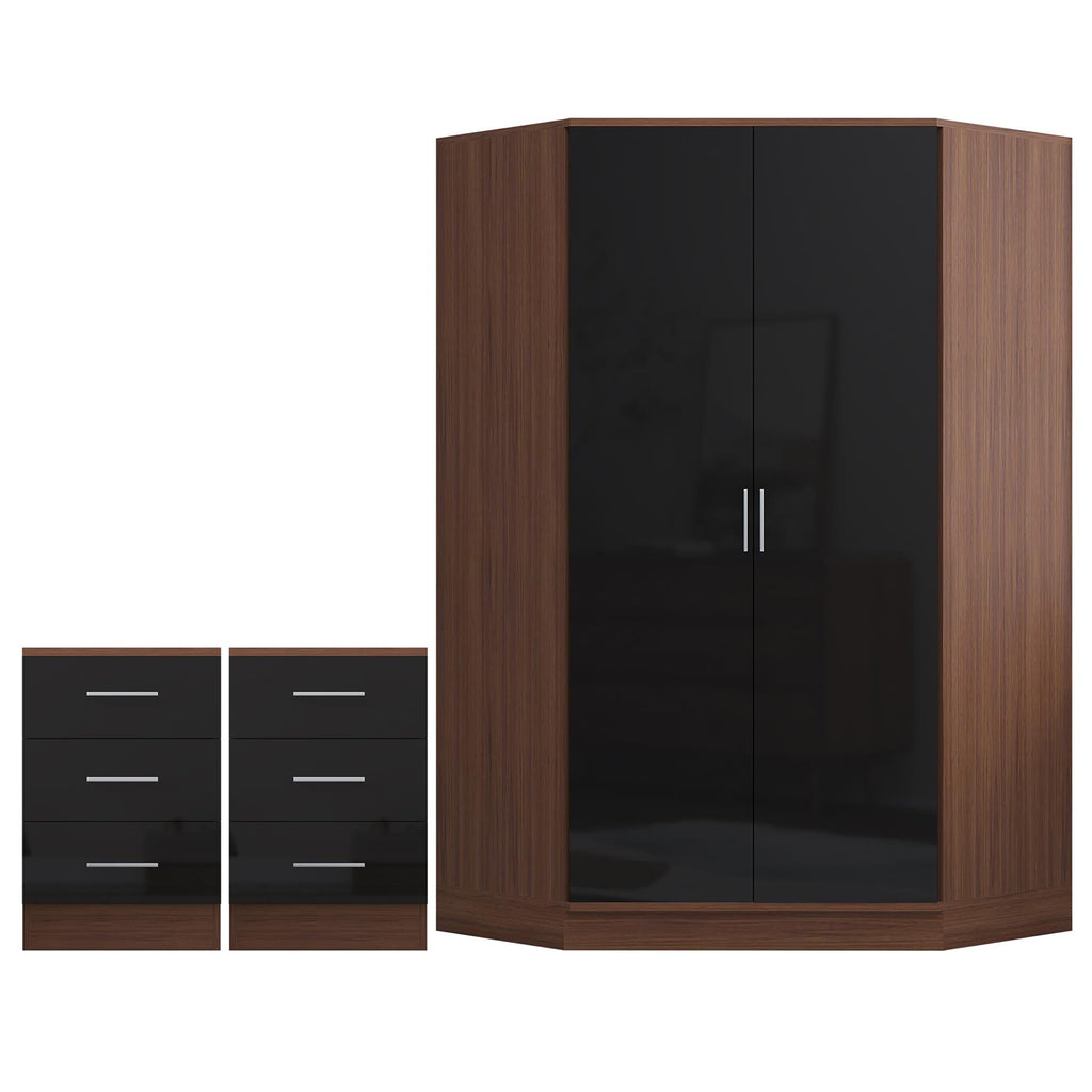 REFLECT - 2 Door CORNER + 2x 3 Drawer Bedside - Gloss Black / Matt Walnut
