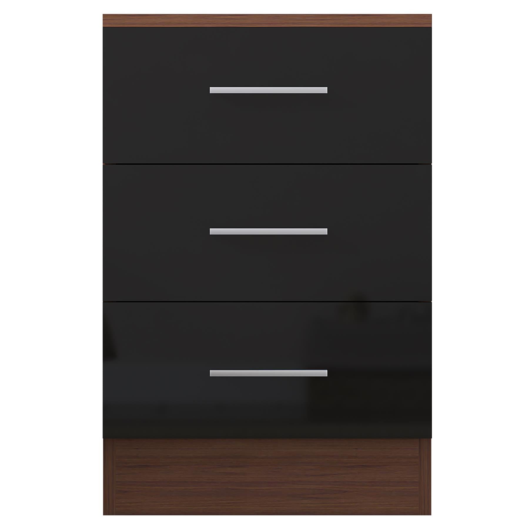 Reflect 3 Drawer Bedside - Black Gloss & Walnut - Modern Nightstand for Bedroom Storage - H: 59.5cm x W: 39.5cm x D: 38cm