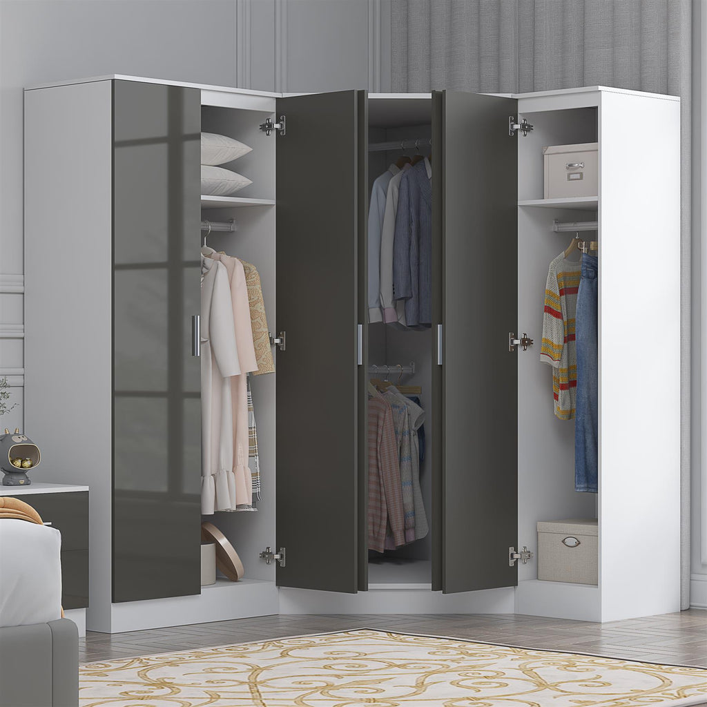 Reflect 3pc Wardrobe Bundle - 2 Door Corner + 2 Door Plain + 1 Door Plain - Grey Gloss & Matt White