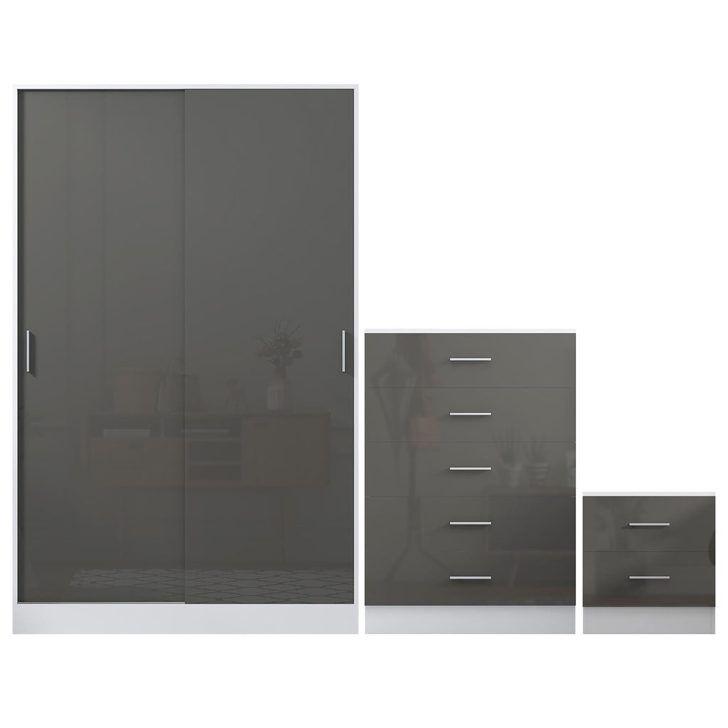 REFLECT Gloss 3pc Set - 2 Door Sliding Wardrobe + 5 Draw Chest + Bedside