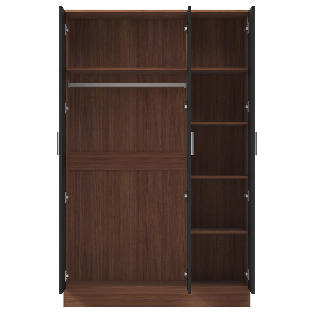 Reflect 3 Door Plain Wardrobe - Black Gloss & Walnut -Hanging Rail & 4 Shelves - H: 180cm x W: 113cm x D: 47cm - Modern Design