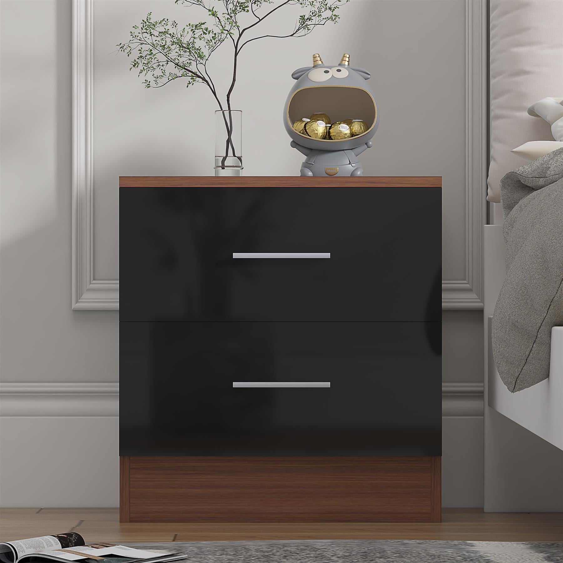 Reflect 2 Drawer Bedside - Black Gloss & Walnut - Modern Nightstand for Bedroom Storage - H: 48.5cm x W: 45cm x D: 39.5cm