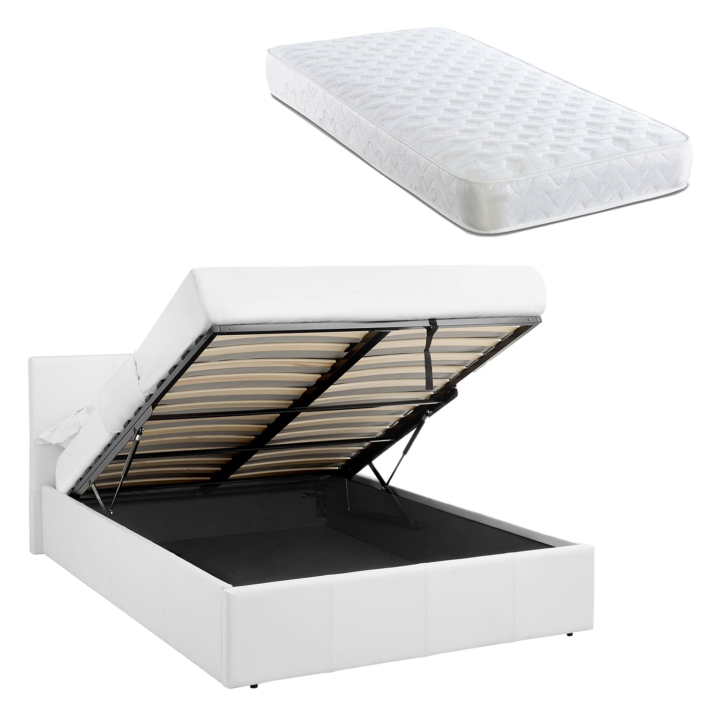 LUNA 4FT Small Double White Ottoman Storage Bed Gas Lift & 17cm Thick Spring Mattress - L:203cm x W:138cm x H:88.5cm