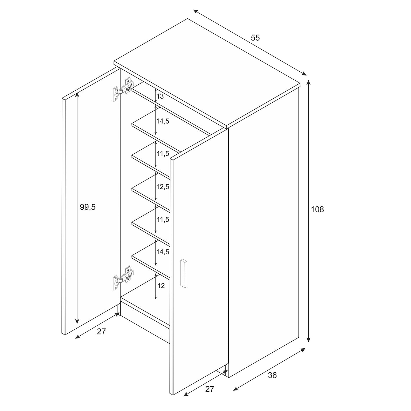 BELLINI White 2 Door Shoe Storage Cabinet - 6 Shelves Holds 20 Pairs - Space-Saving Design - H: 108cm x W: 55cm x D: 36cm