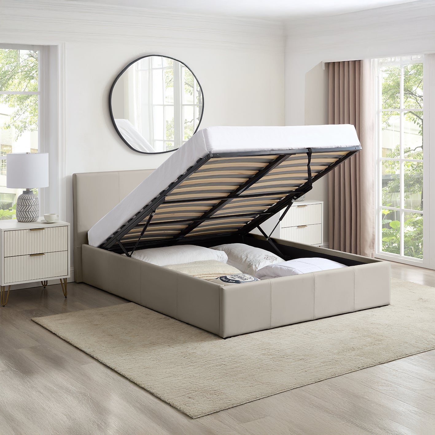LUNA 4FT Small Double Cream Beige Ottoman Storage Bed Gas Lift & 20cm Thick Memory Foam Mattress - L: 203cm x W: 138cm x H: 88.5cm