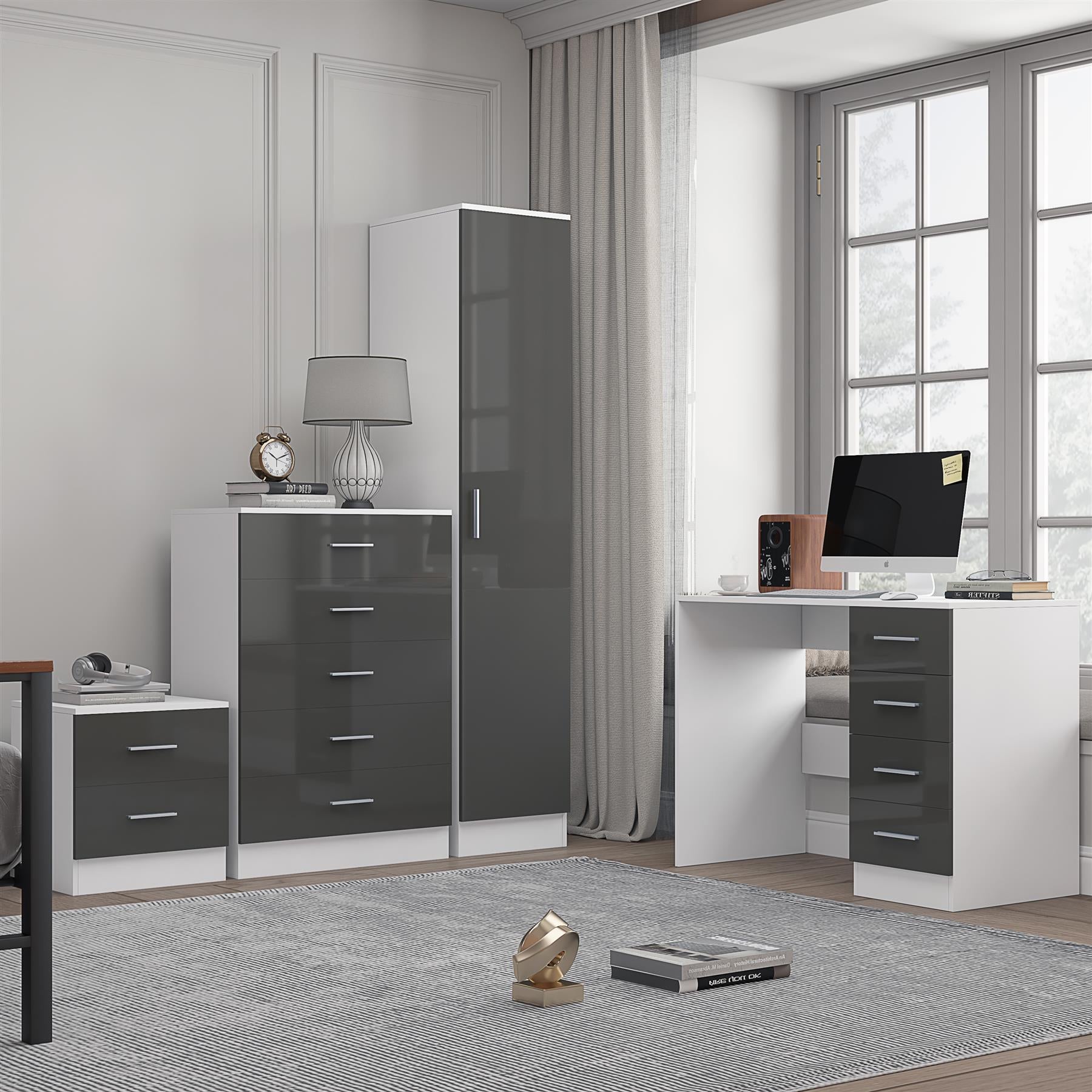 REFLECT Gloss 4pc Bedroom Set - 1 Door Wardrobe + 5 Draw Chest + Bedside + Desk