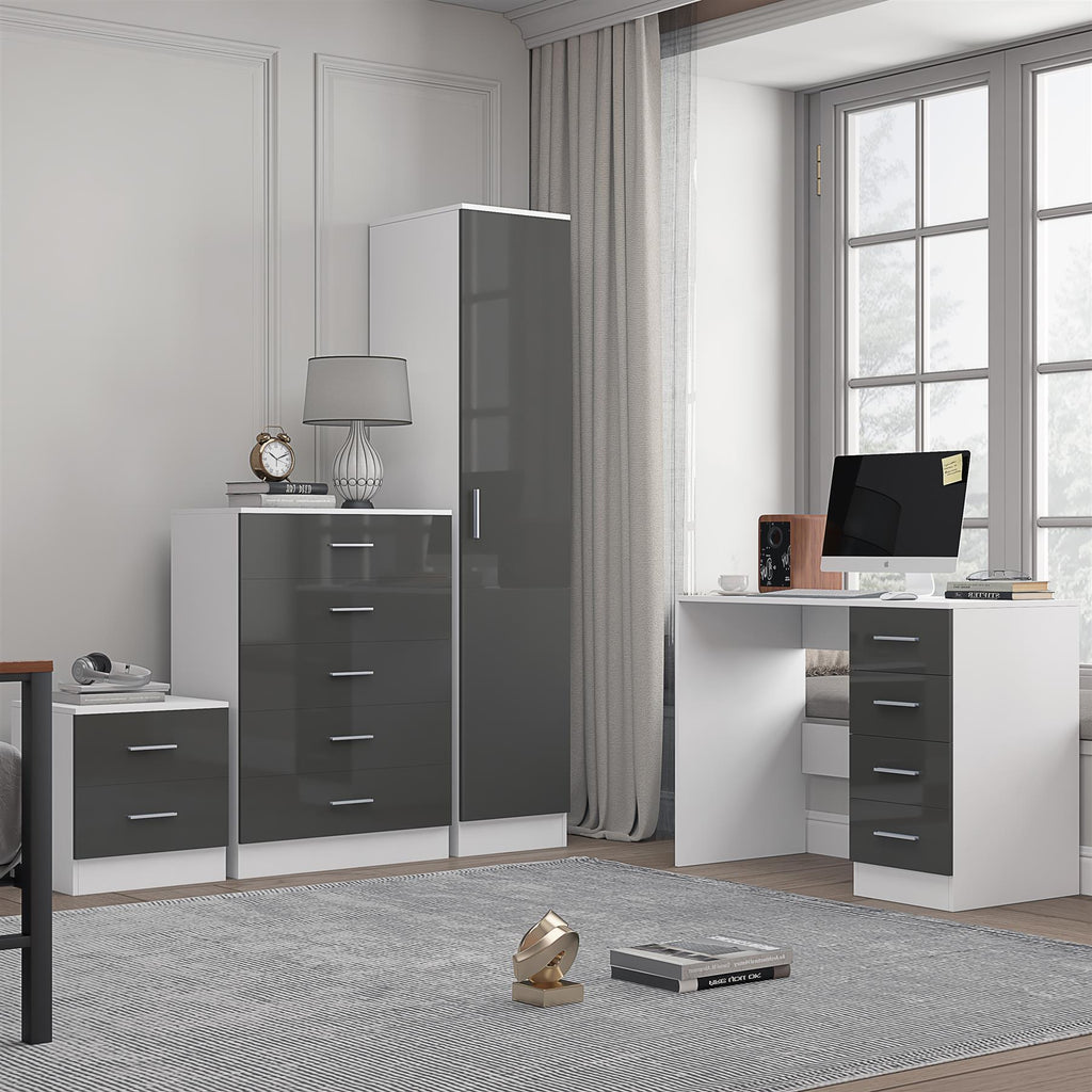 Reflect 1 Door Plain Wardrobe, 5 Drawer Chest, 2 Drawer Bedside & Desk - Grey Gloss & Matt White - Bedroom Furniture Set