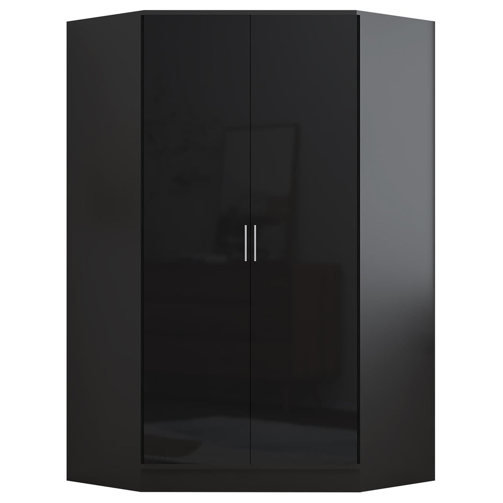 Reflect 3pc Wardrobe Bundle - 2 Door Corner + 2 Door Plain + 1 Door Plain - Black Gloss & Black Oak