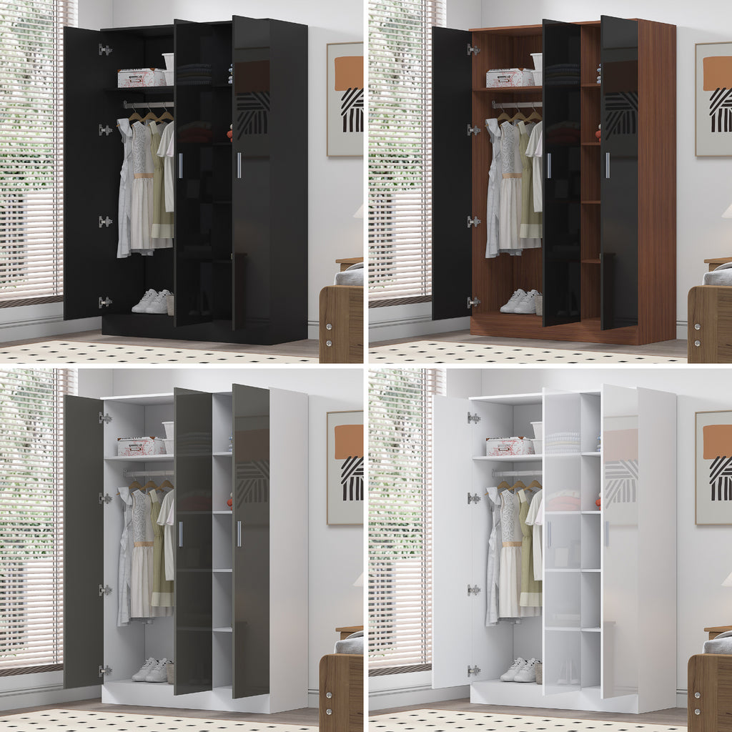REFLECT Gloss Bedroom Furniture 3 Door Plain Wardrobe - 4 Colour Options