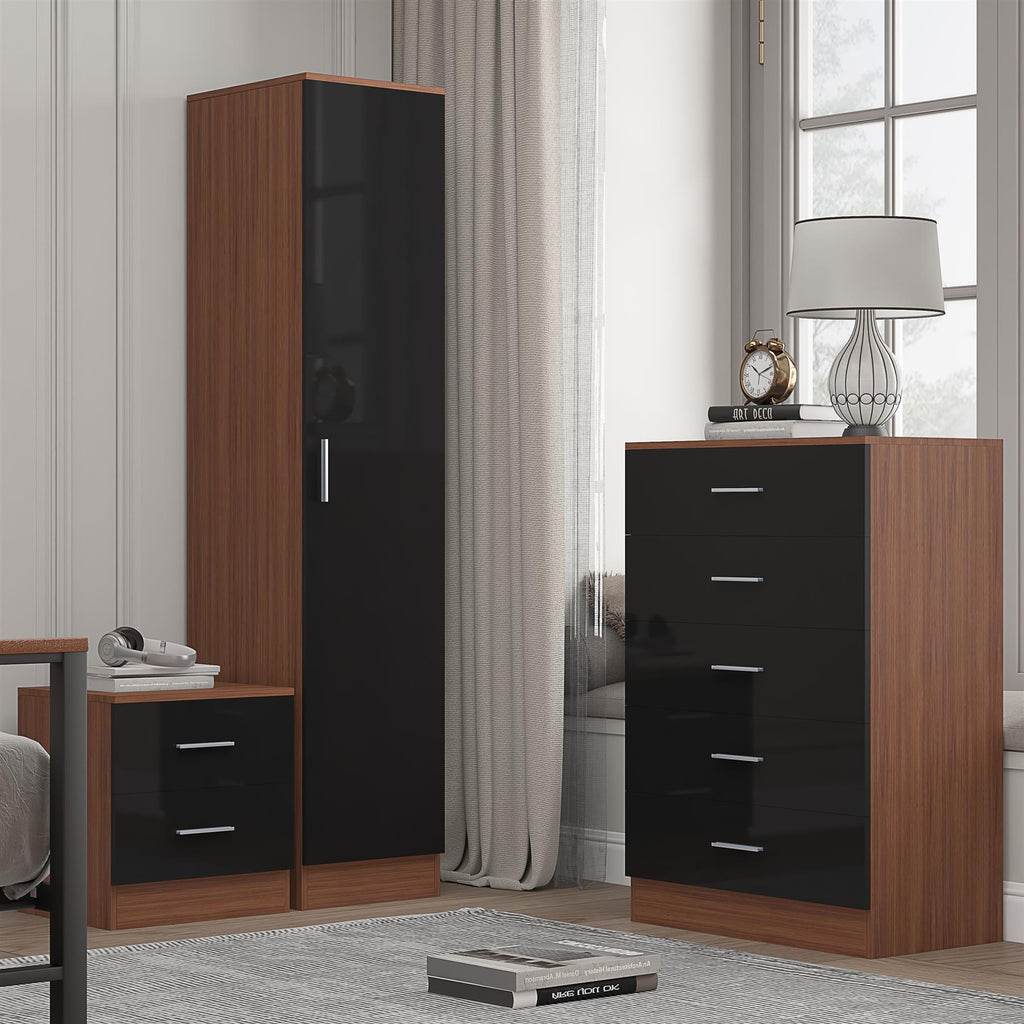 REFLECT Gloss 3pc Bedroom Set - 1 Door Wardrobe + 5 Draw Chest + Bedside