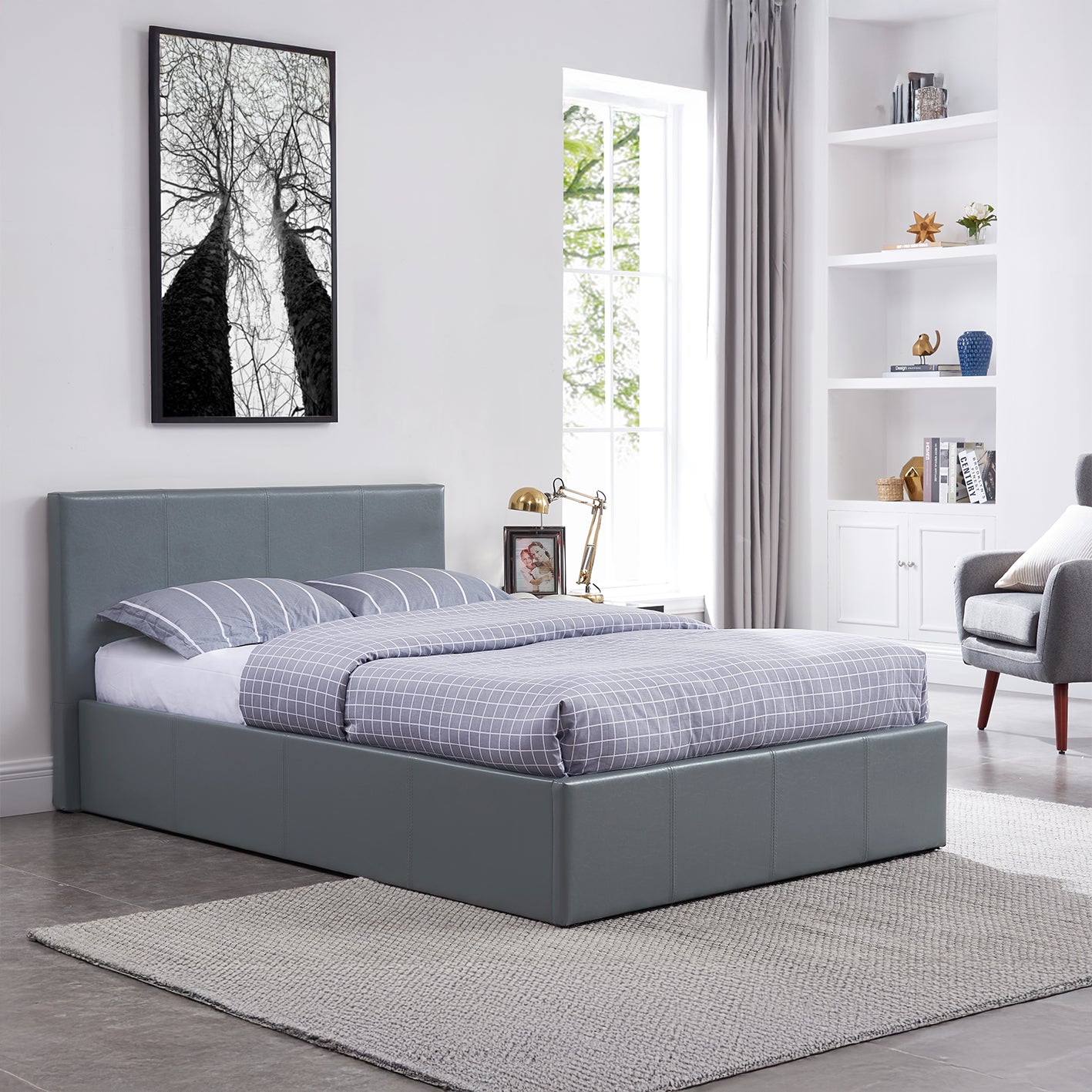 LUNA 4FT Small Double Grey Ottoman Storage Bed with Gas Lift & 25cm Thick Memory Foam Mattress - L: 203cm x W: 138cm x H: 88.5cm