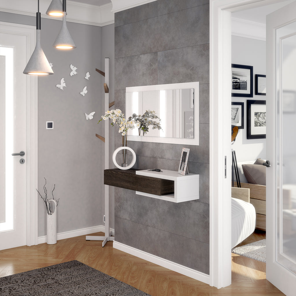 NOON White & Dark Wood Floating Hallway Storage Unit with Drawer and Mirror