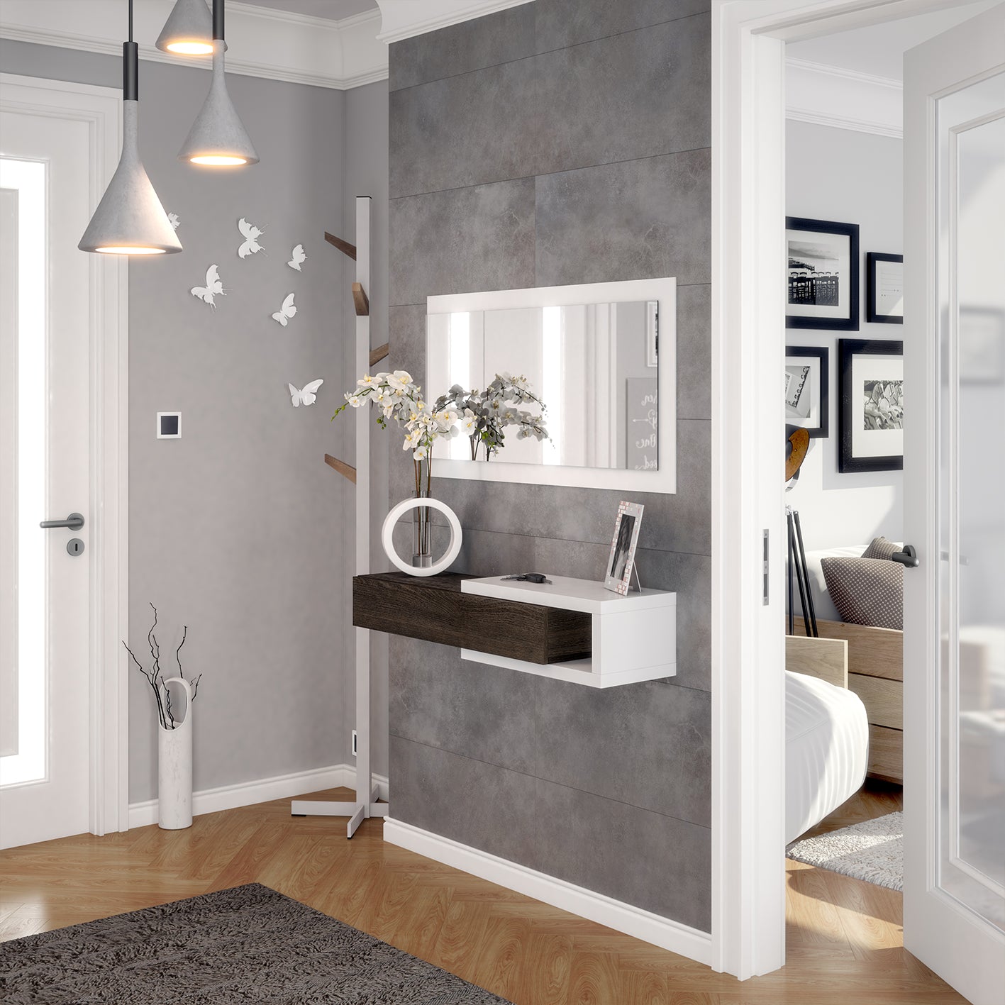NOON White & Dark Wood Floating Hallway Storage Unit with Drawer and Mirror