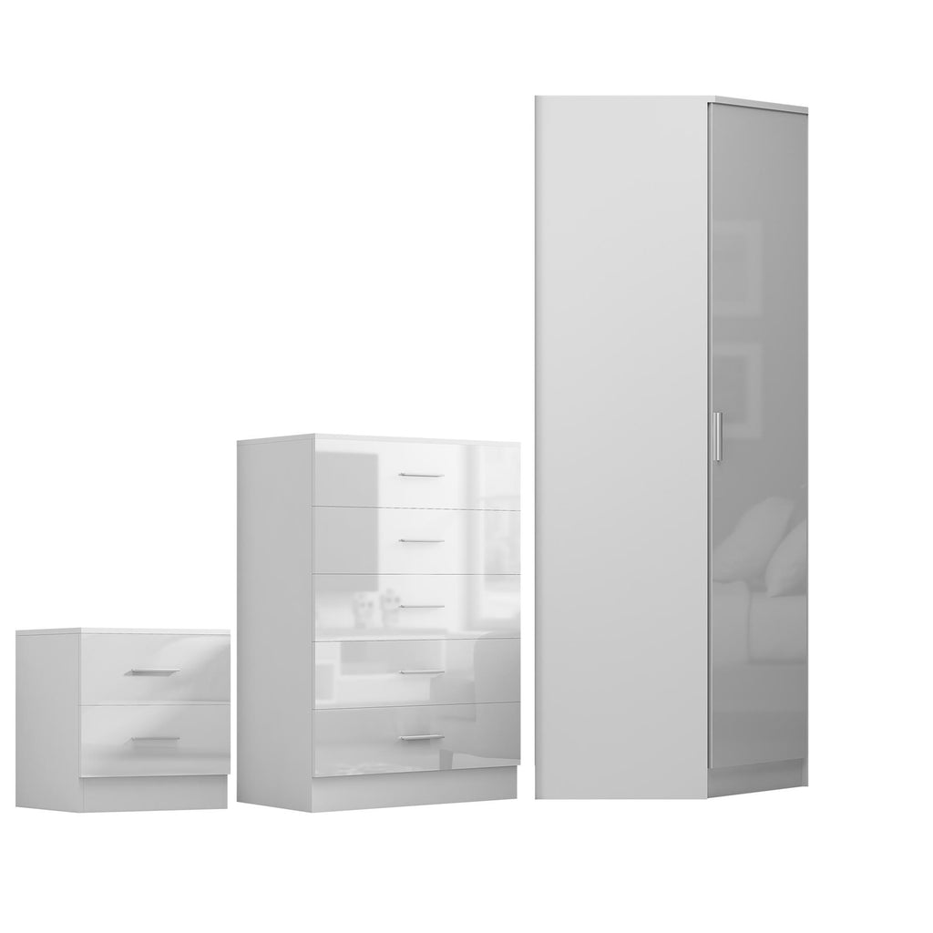 REFLECT - 1 Door Corner + 5 Drawer Chest + 2 Drawer Bedside in Gloss White / Matt White