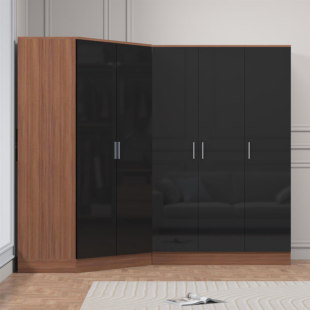 Reflect 2pc Wardrobe Bundle - 2 Door Corner + 3 Door Plain - Black Gloss & Walnut - H: 180cm x W: 179cm x D: 103cm