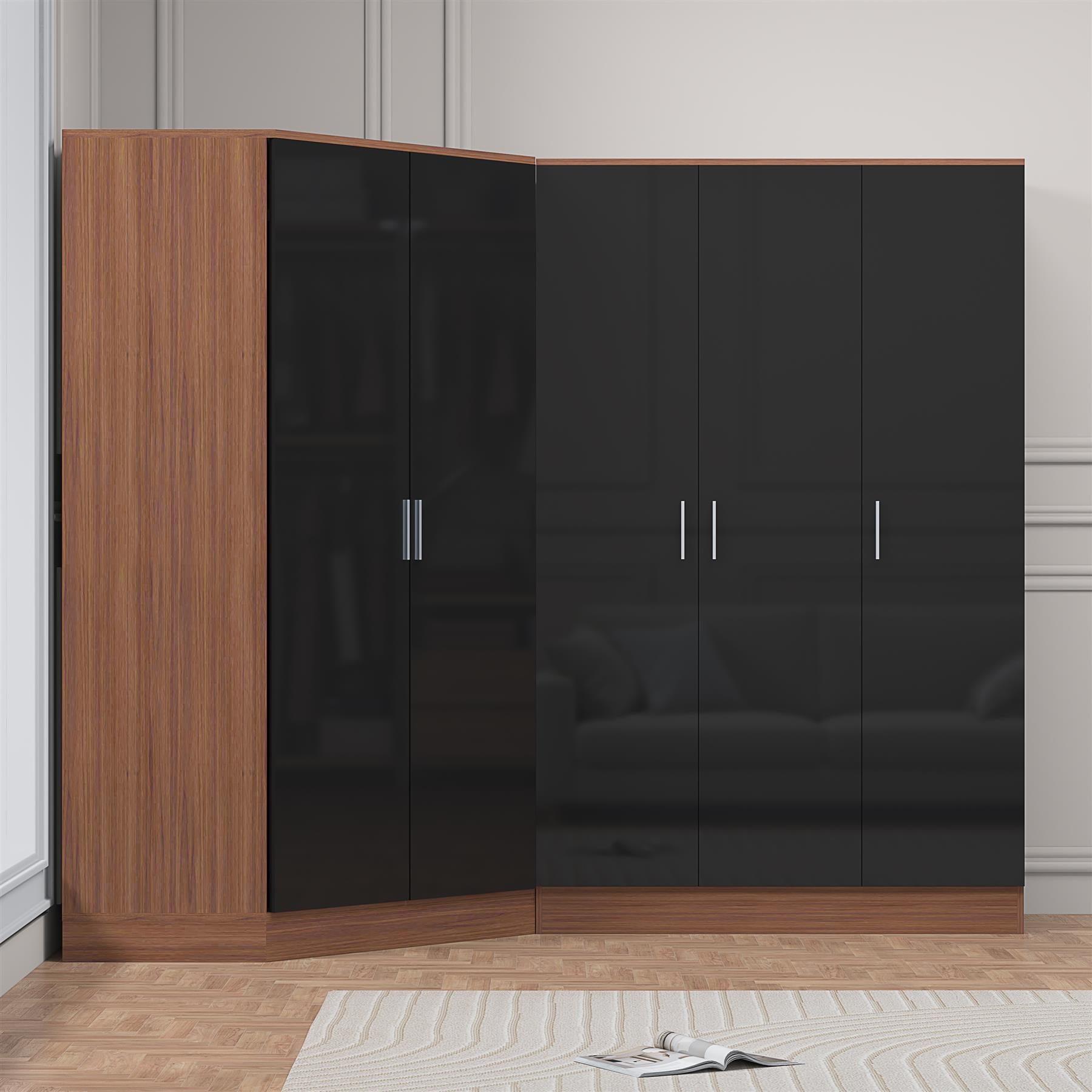 Reflect 2pc Wardrobe Bundle - 2 Door Corner + 3 Door Plain - Black Gloss & Walnut - H: 180cm x W: 179cm x D: 103cm
