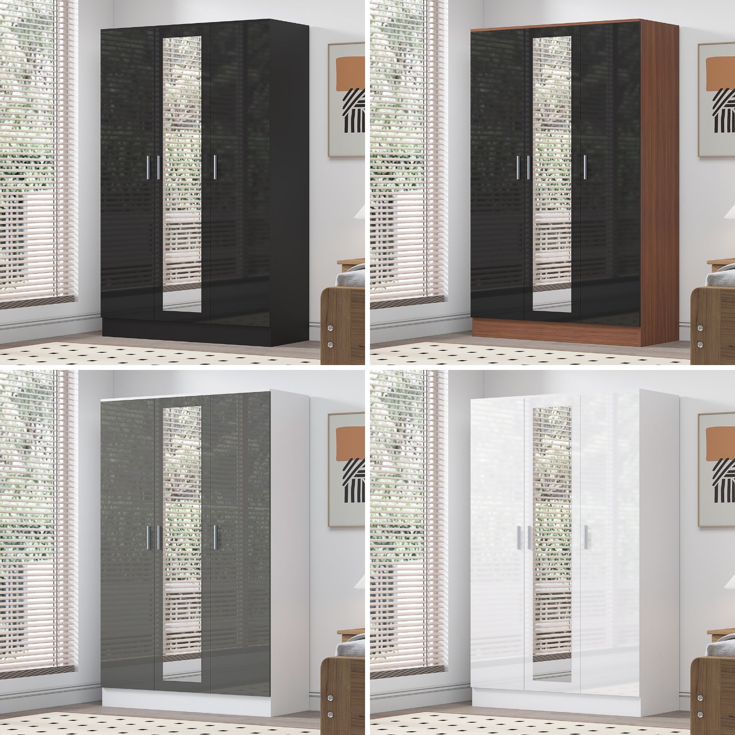 REFLECT Gloss Bedroom Furniture 3 Door Mirrored Wardrobe - 4 Colour Options