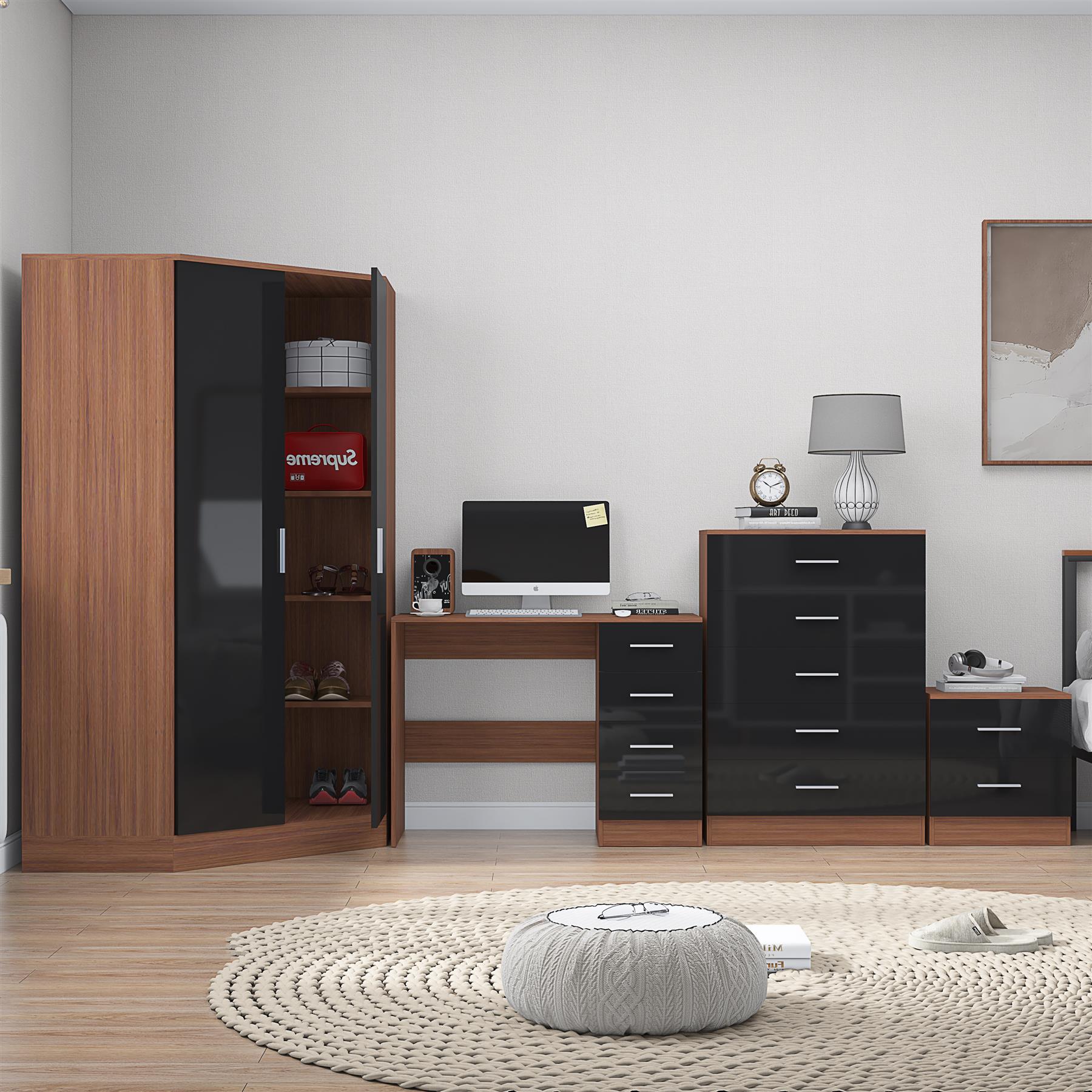 REFLECT Gloss 4pc Set - 2 Door Corner Wardrobe + 5 Draw Chest + Bedside + Desk
