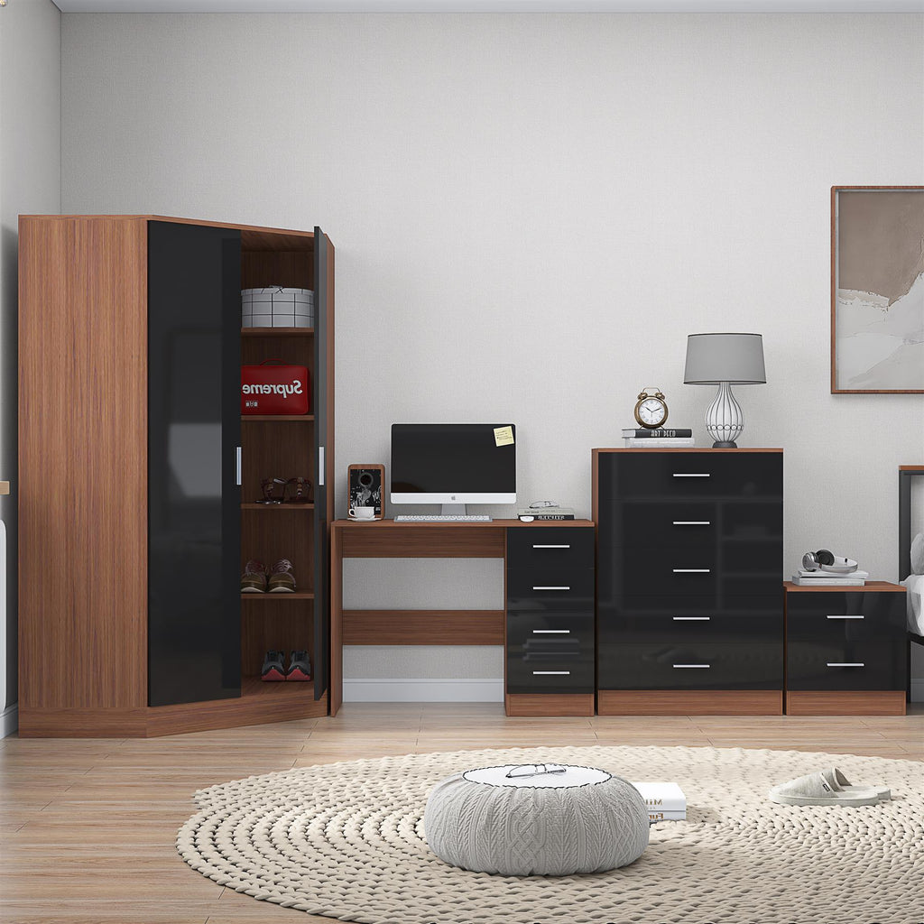 Reflect 2 Door Corner Wardrobe, 5 Drawer Chest, 2 Drawer Bedside & Desk - Black Gloss & Walnut - Bedroom Furniture Set