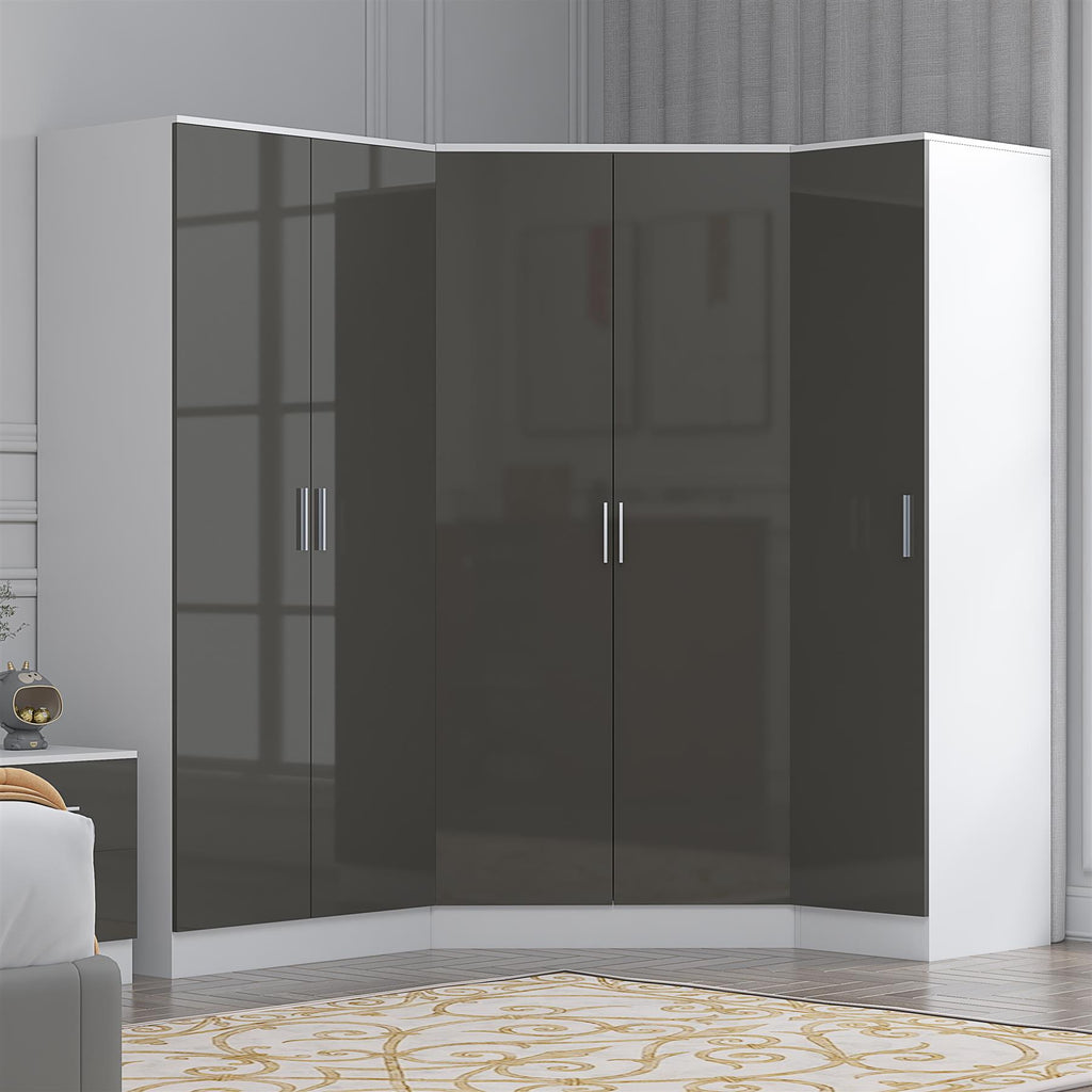 Reflect 3pc Wardrobe Bundle - 2 Door Corner + 2 Door Plain + 1 Door Plain - Grey Gloss & Matt White