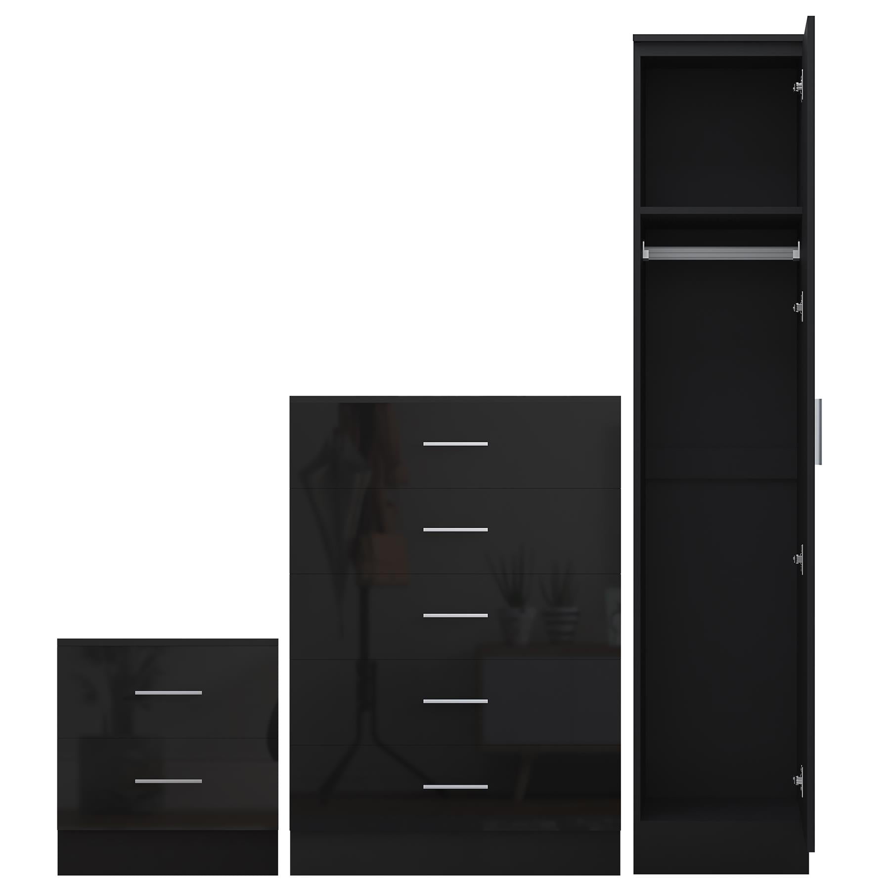 REFLECT Gloss 3pc Bedroom Set - 1 Door Wardrobe + 5 Draw Chest + Bedside