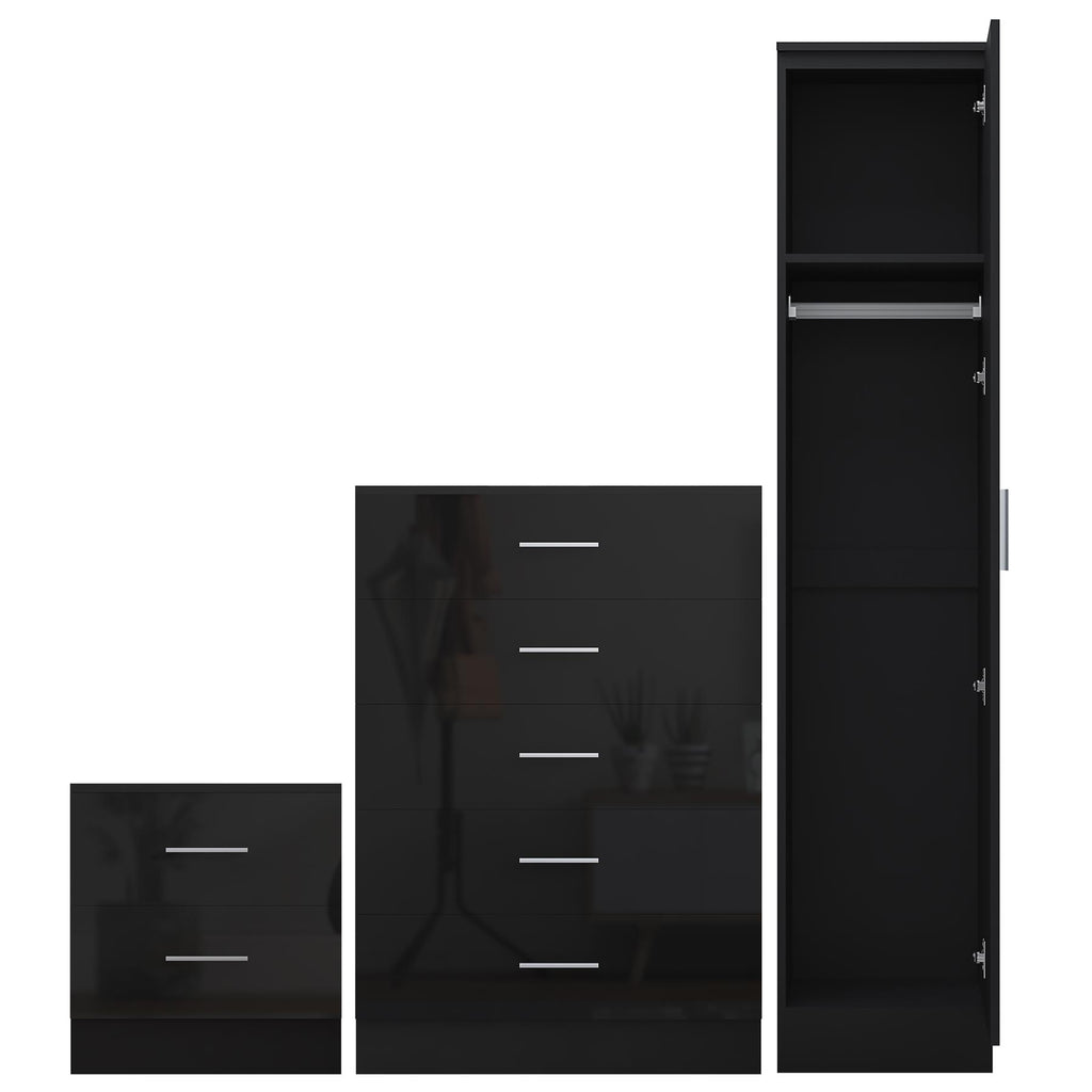 Reflect 1 Door Plain Wardrobe, 5 Drawer Chest, 2 Drawer Bedside - Black Gloss & Black Oak - Bedroom Furniture Set
