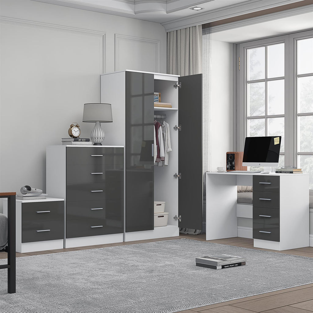Reflect 2 Door Mirror Wardrobe, 5 Drawer Chest, 2 Drawer Bedside & Desk - Grey Gloss & Matt White - Modern Bedroom Furniture Set