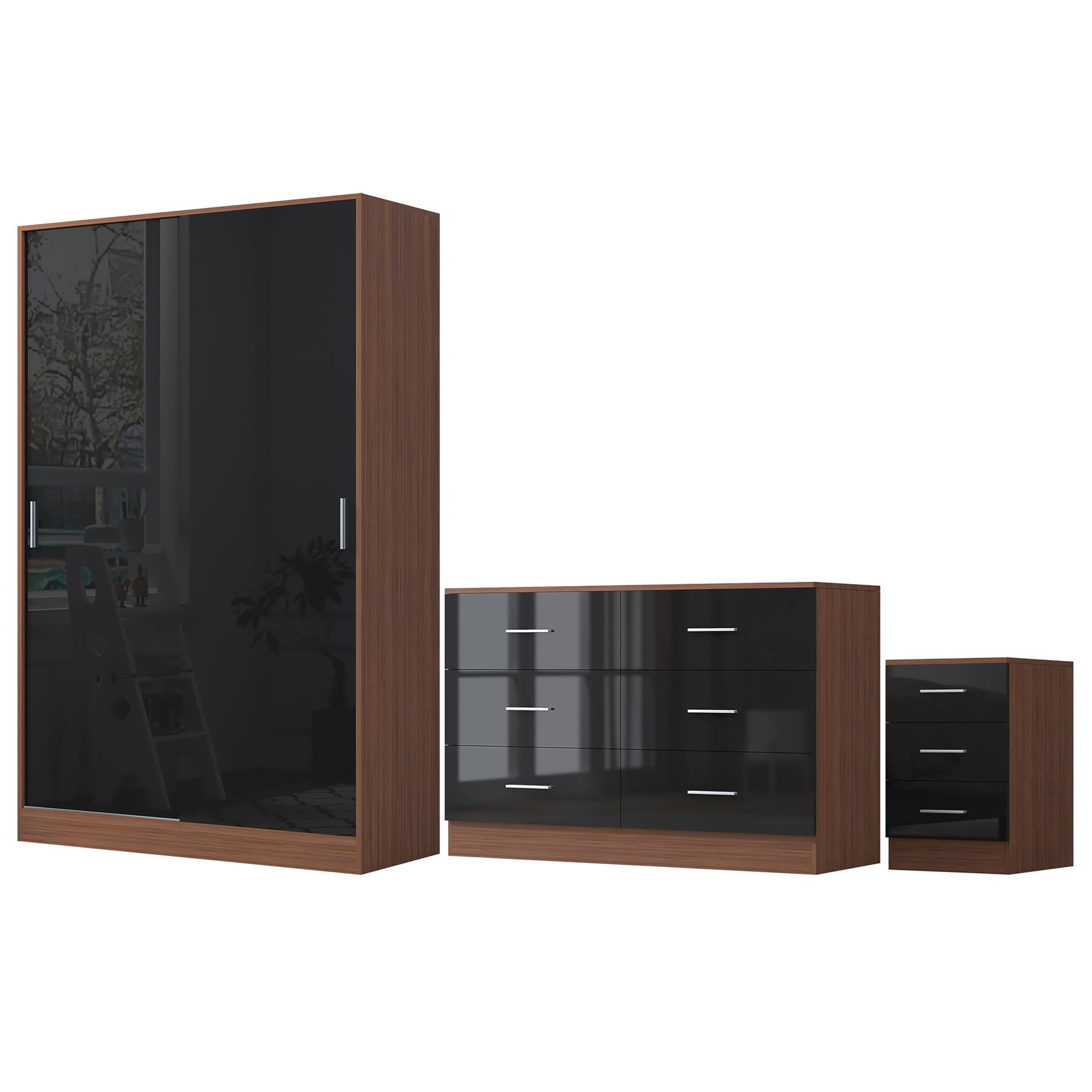 REFLECT Gloss 3pc Set - 2 Door Sliding Wardrobe + Wide Chest + Tall Bedside