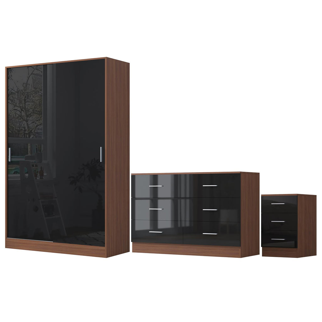 Reflect 2 Door Sliding Wardrobe, 6 Drawer Wide Chest, 3 Drawer Bedside - Black Gloss & Walnut - Modern Bedroom Furniture Set