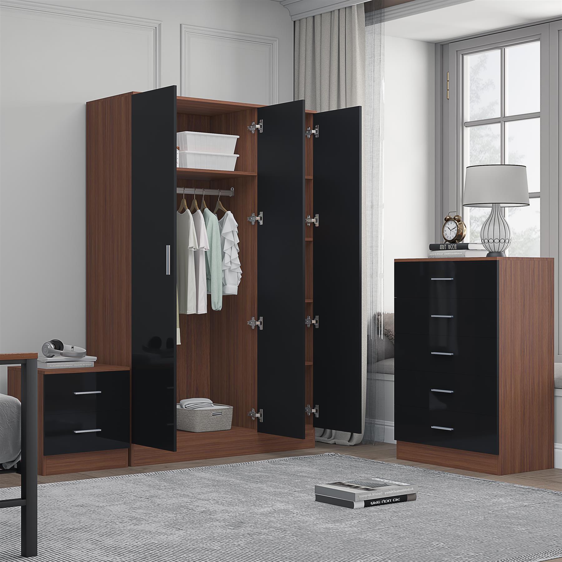 REFLECT Gloss 3pc Set - 3 Door Mirrored Wardrobe + 5 Draw Chest + Bedside