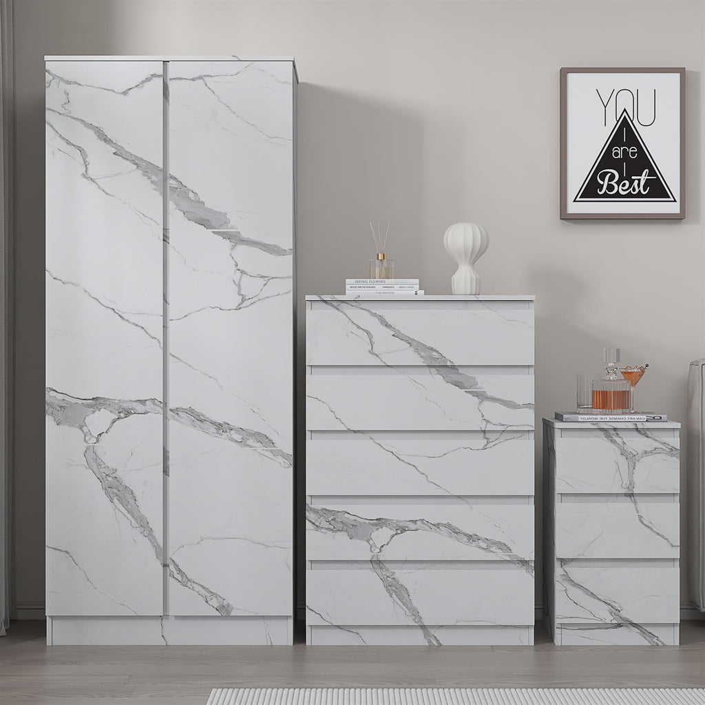 ZITA 3/4pc Bedroom Furniture Sets Wardrobe Chest Bedside - White OR Grey Marble
