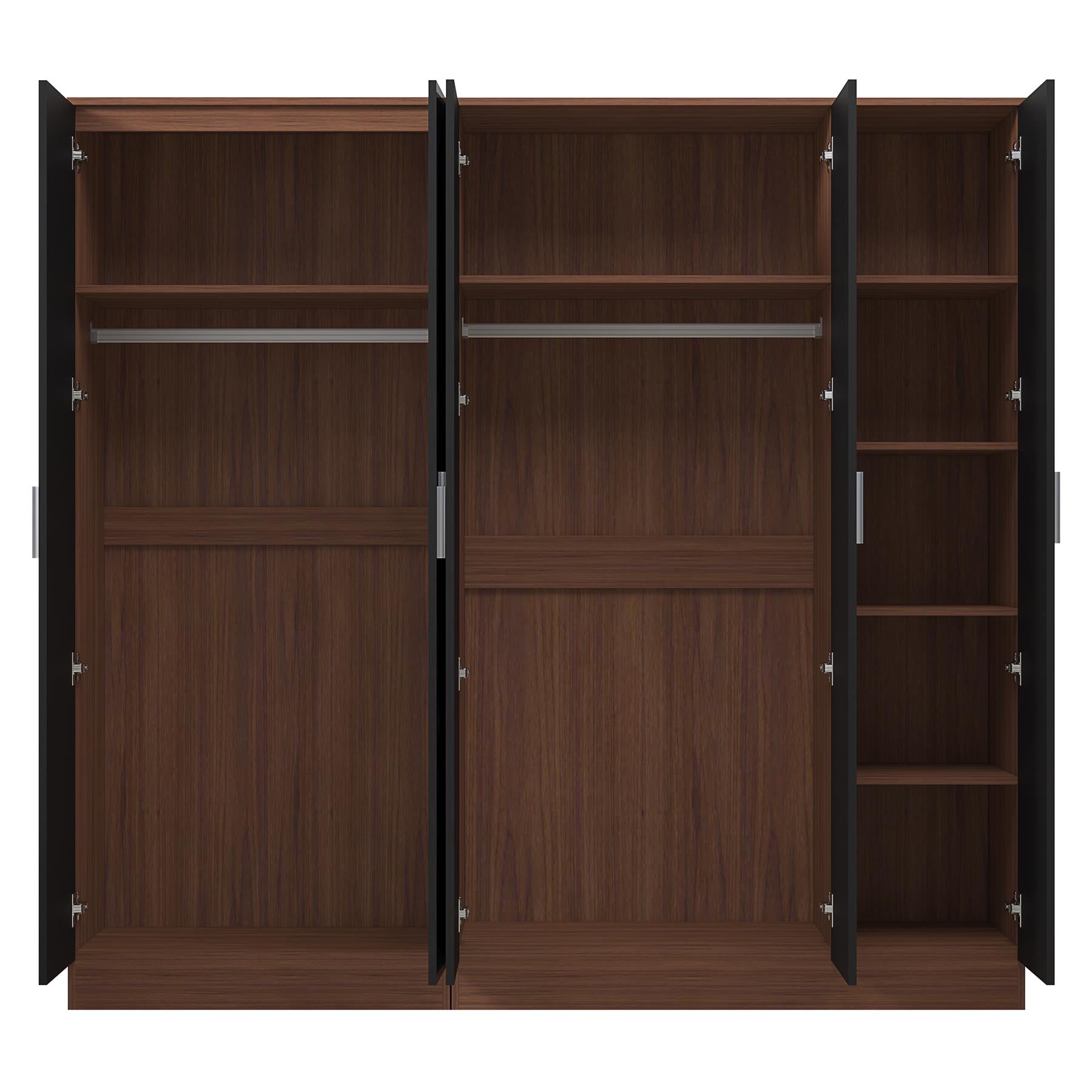 REFLECT - 3 Door MIRROR + 2 Door PLAIN Wardrobe - Gloss Black / Matt Walnut