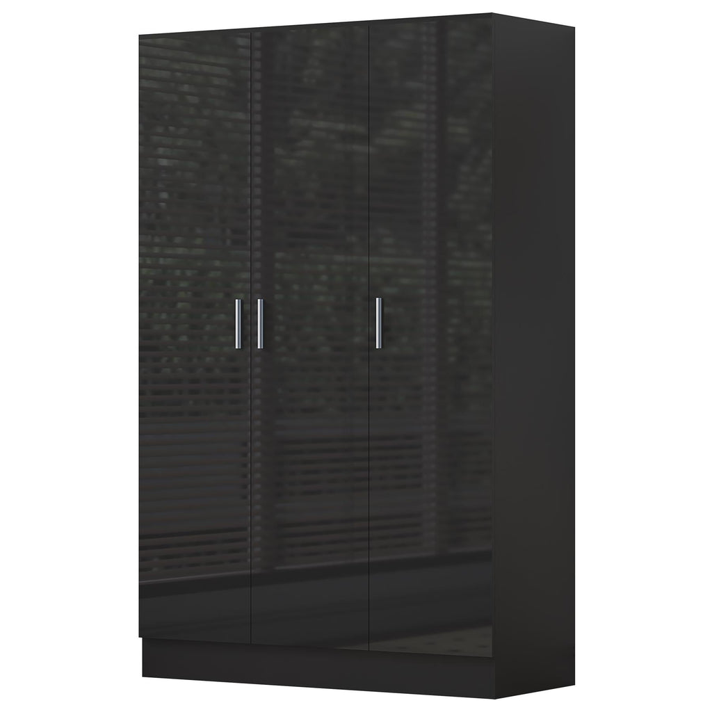 Reflect 3 Door Plain Wardrobe - Black Gloss & Black Oak - Hanging Rail & 4 Shelves- H: 180cm x W: 113cm x D: 47cm - Modern Design