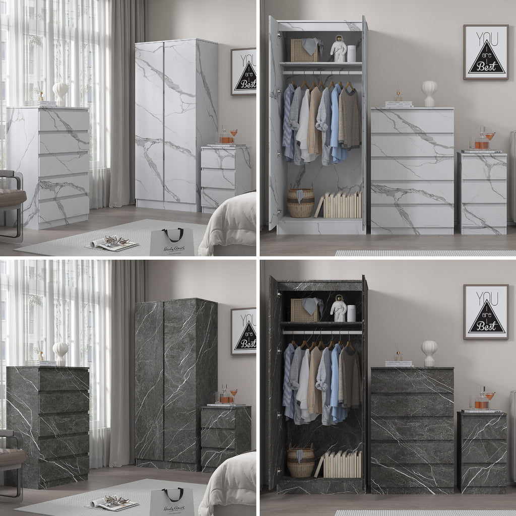 ZITA 3pc Set - 2 Door Wardrobe + Tall Chest + Bedside in White OR Grey Marble