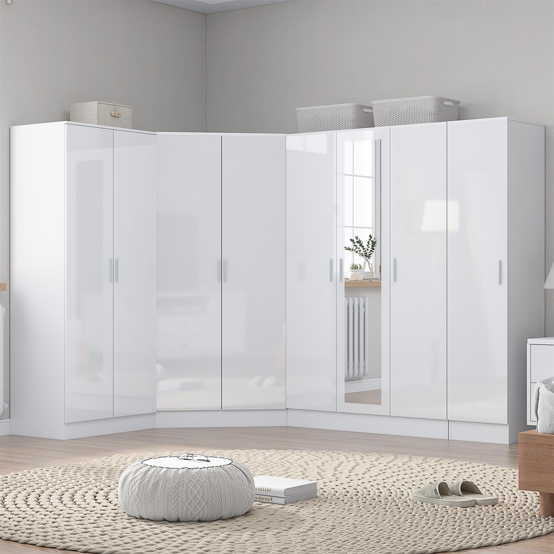 Reflect 4pc Wardrobe Bundle - 2 Door Corner + 3 Door Mirror + 2dr + 1dr Plain - White Gloss & Matt White