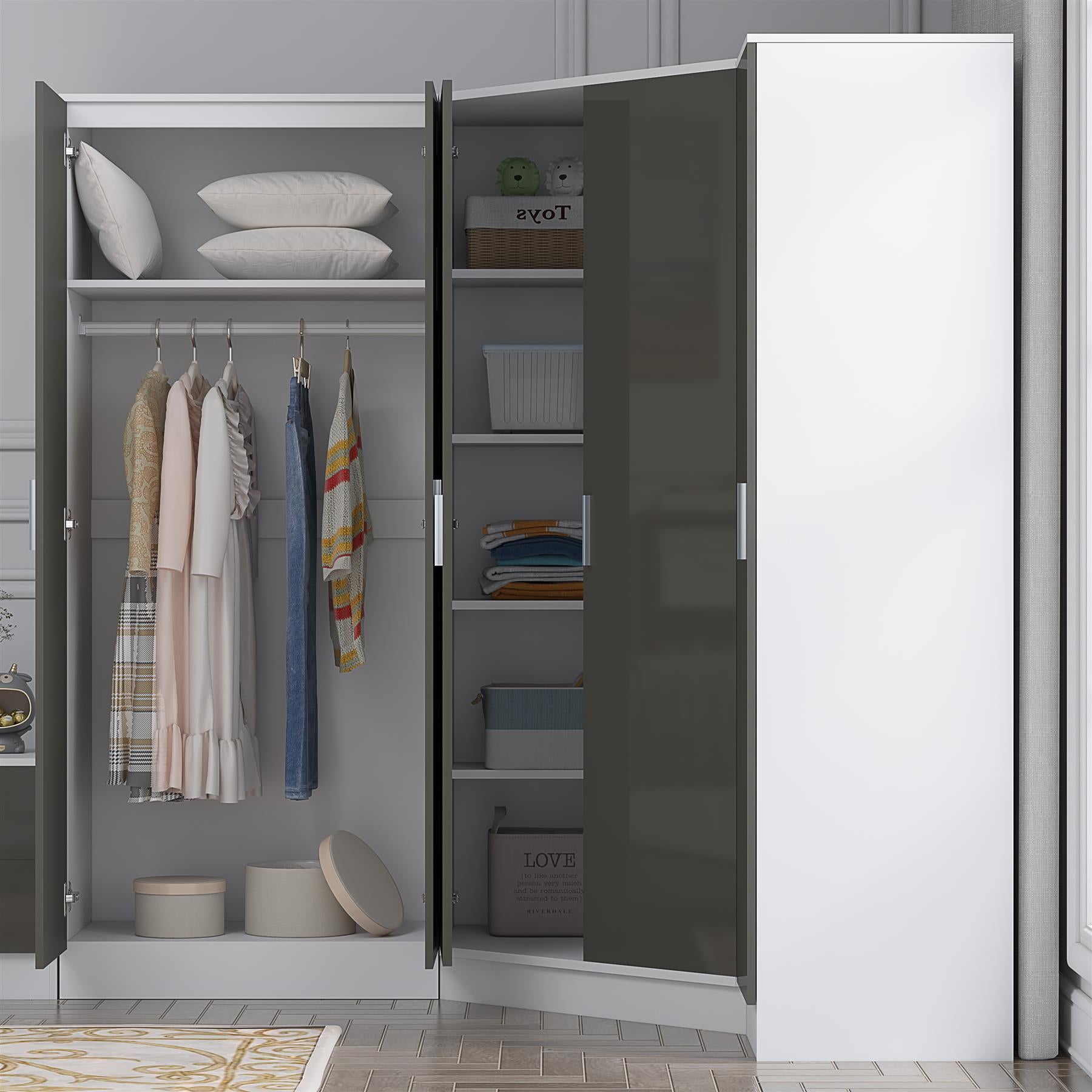 Reflect 3pc Wardrobe Bundle - 2 Door Corner + 2 Door Mirror + 1 Door Plain - Grey Gloss & Matt White