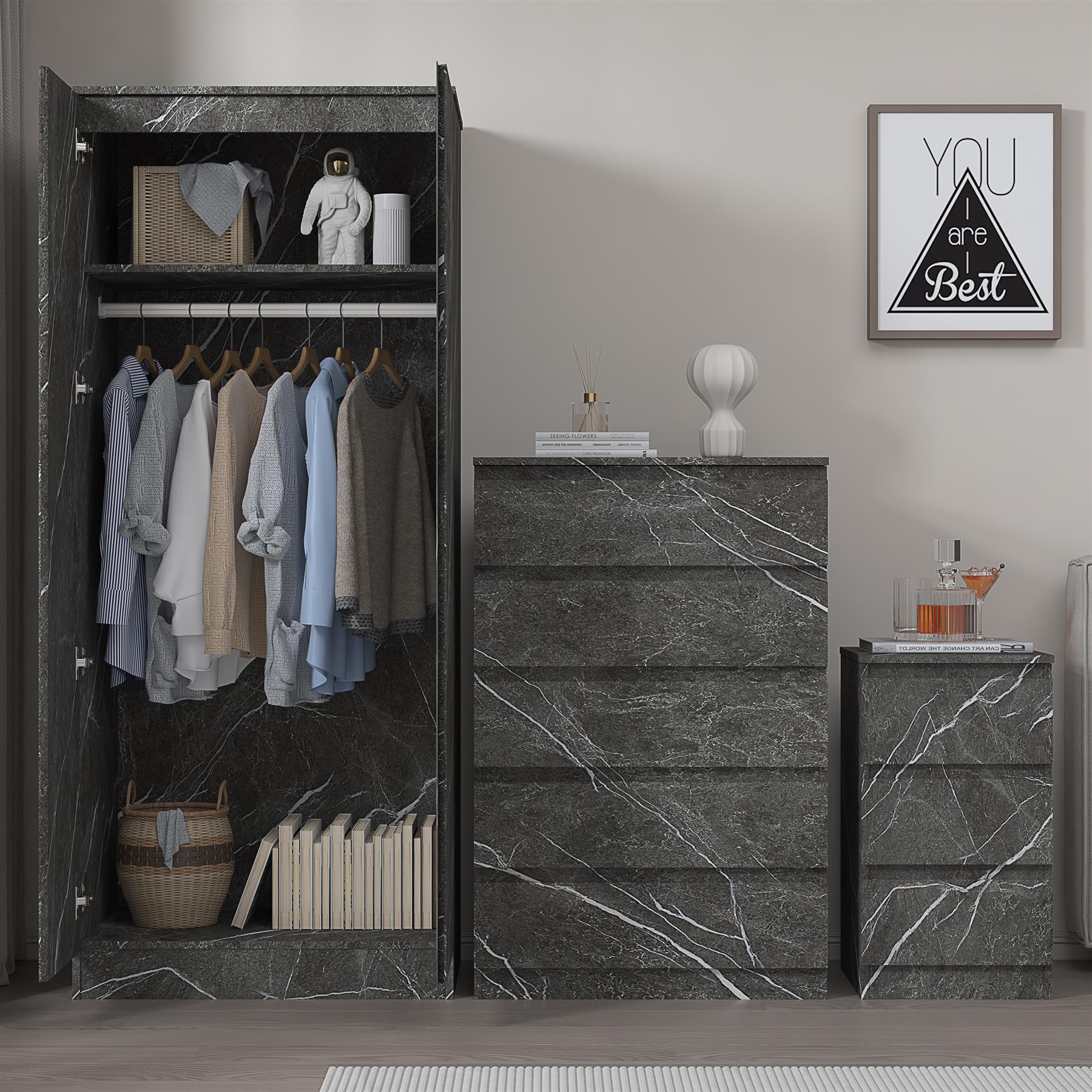 ZITA 3pc Set - 2 Door Wardrobe + Tall Chest + Bedside in White OR Grey Marble