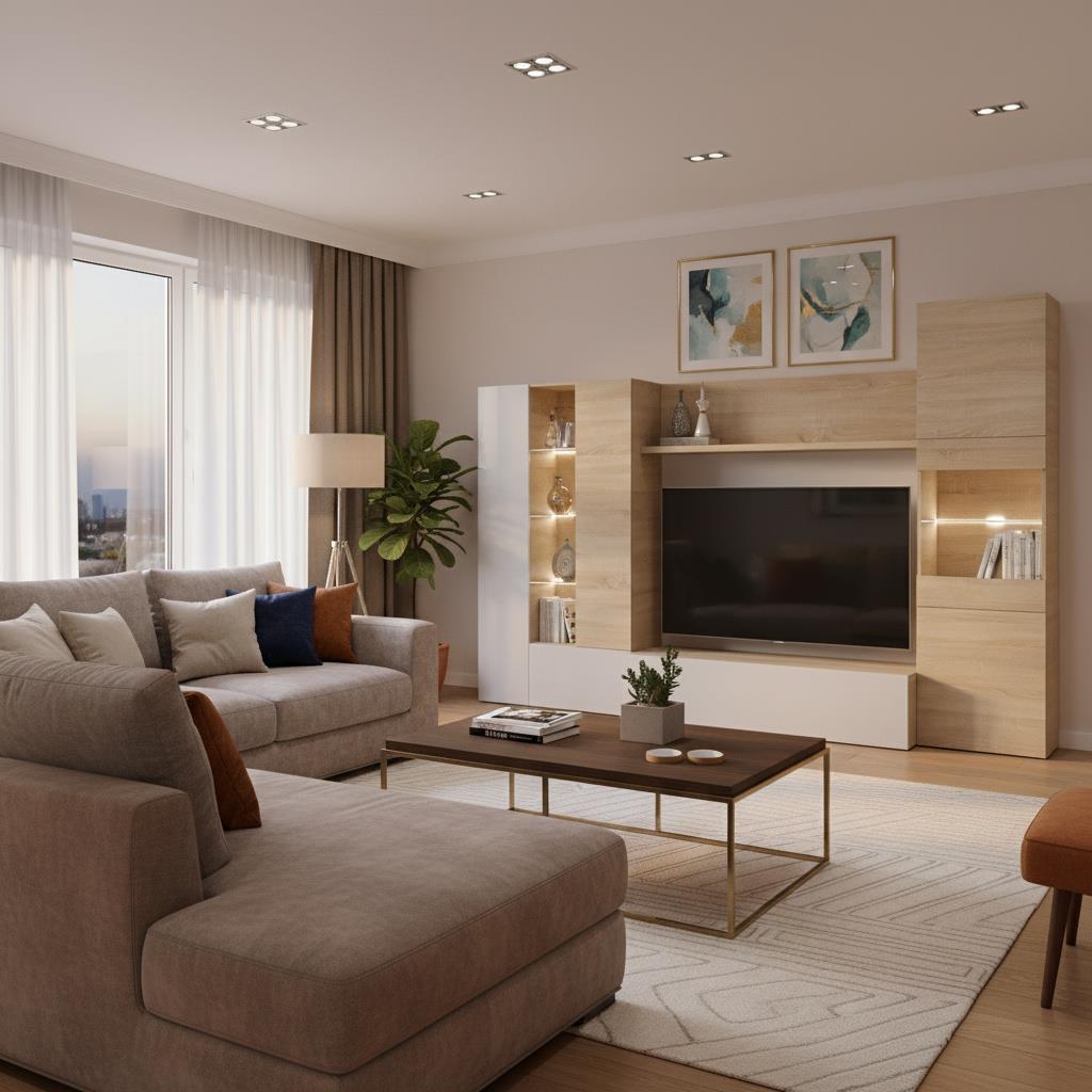 Modern Oak & White TV Unit with Glass Details and LED Lights- Media Storage for Living Rooms