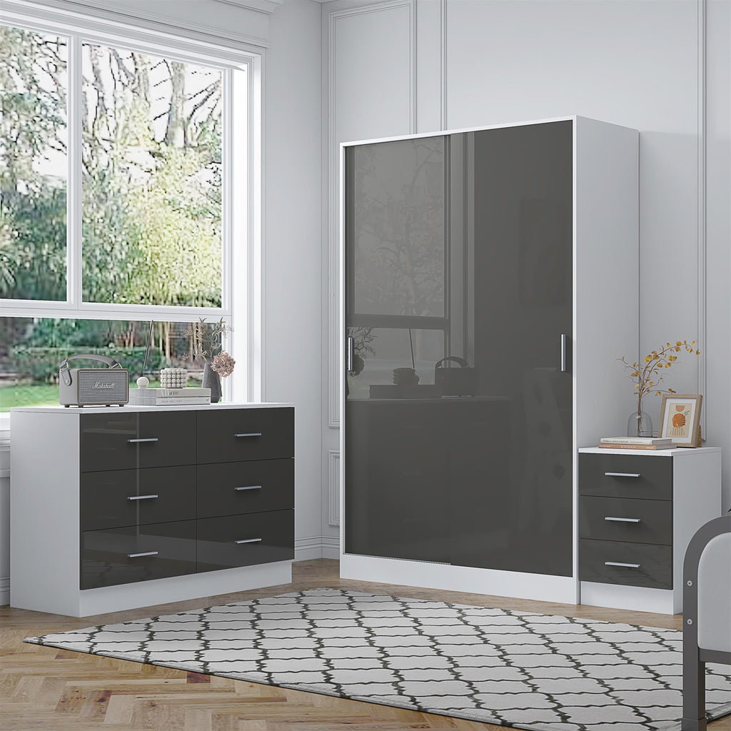 Reflect 2 Door Sliding Wardrobe, 6 Drawer Wide Chest, 3 Drawer Bedside - Grey Gloss & Matt White - Modern Bedroom Furniture Set