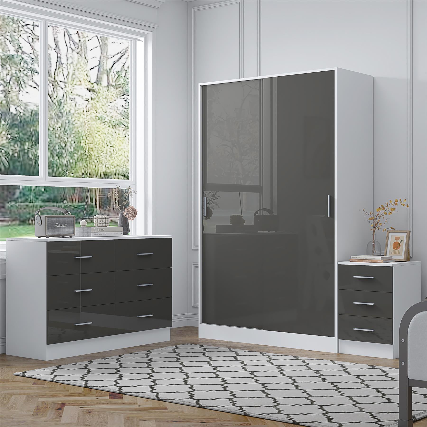 Reflect 2 Door Sliding Wardrobe, 6 Drawer Wide Chest, 3 Drawer Bedside - Grey Gloss & Matt White - Modern Bedroom Furniture Set