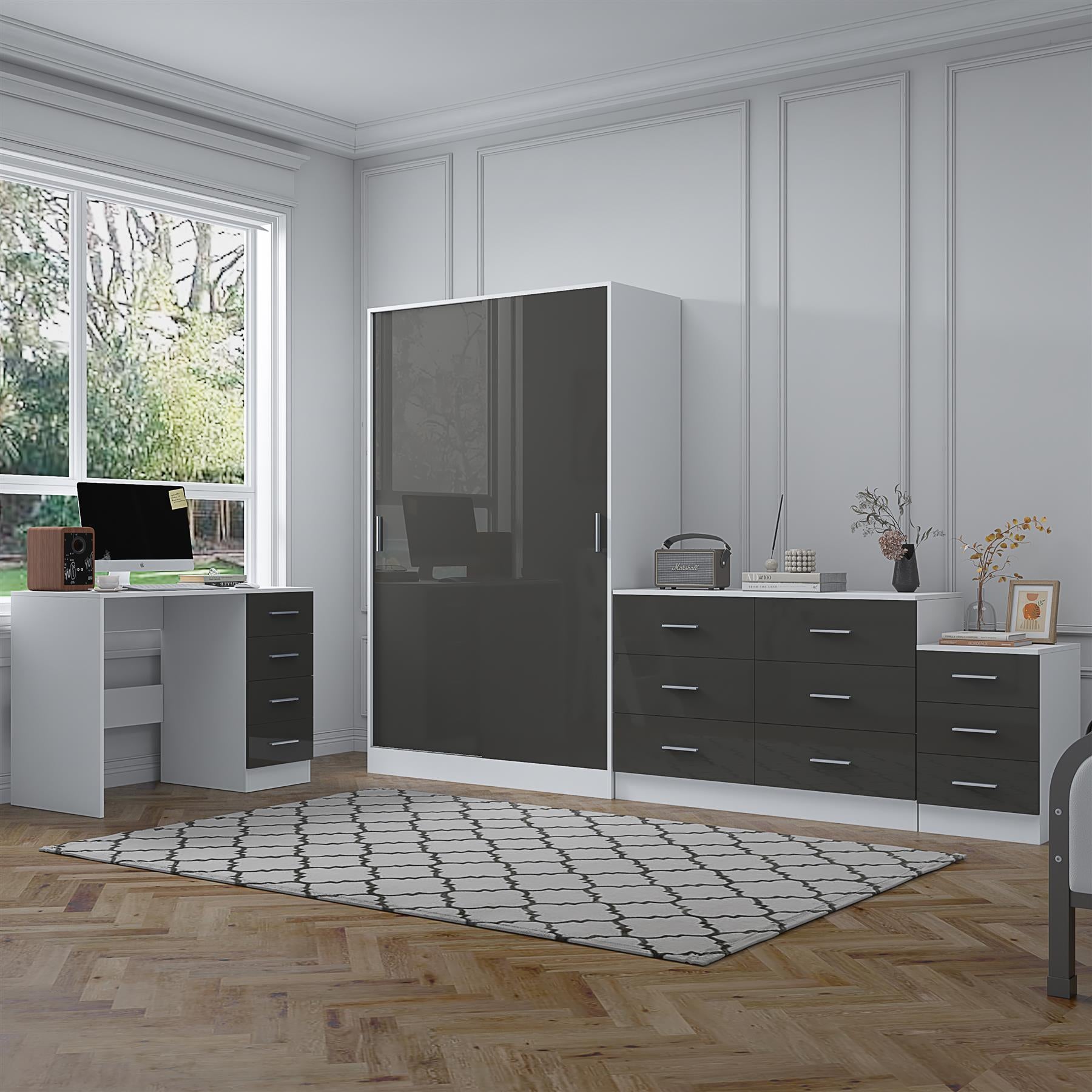 REFLECT Gloss 4pc Set - 2 Door Sliding Wardrobe + Wide Chest + Bedside + Desk.
